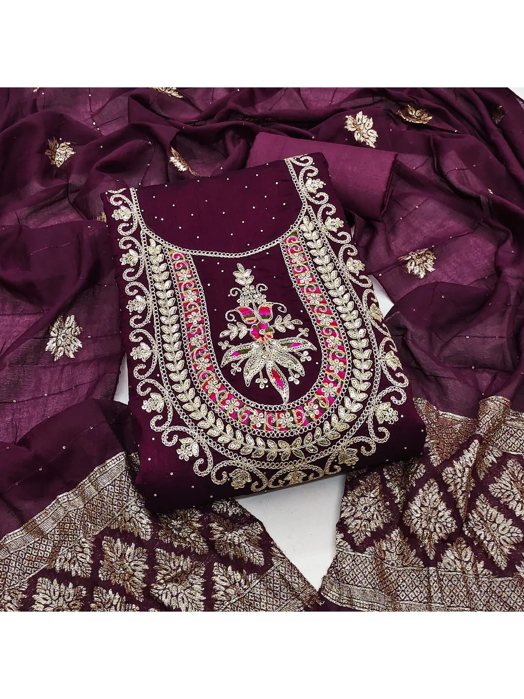 Classic Wine Floral Cording Embroidered Vichitra Silk Dress Material With Sequins & Swarovski Work - Image 5