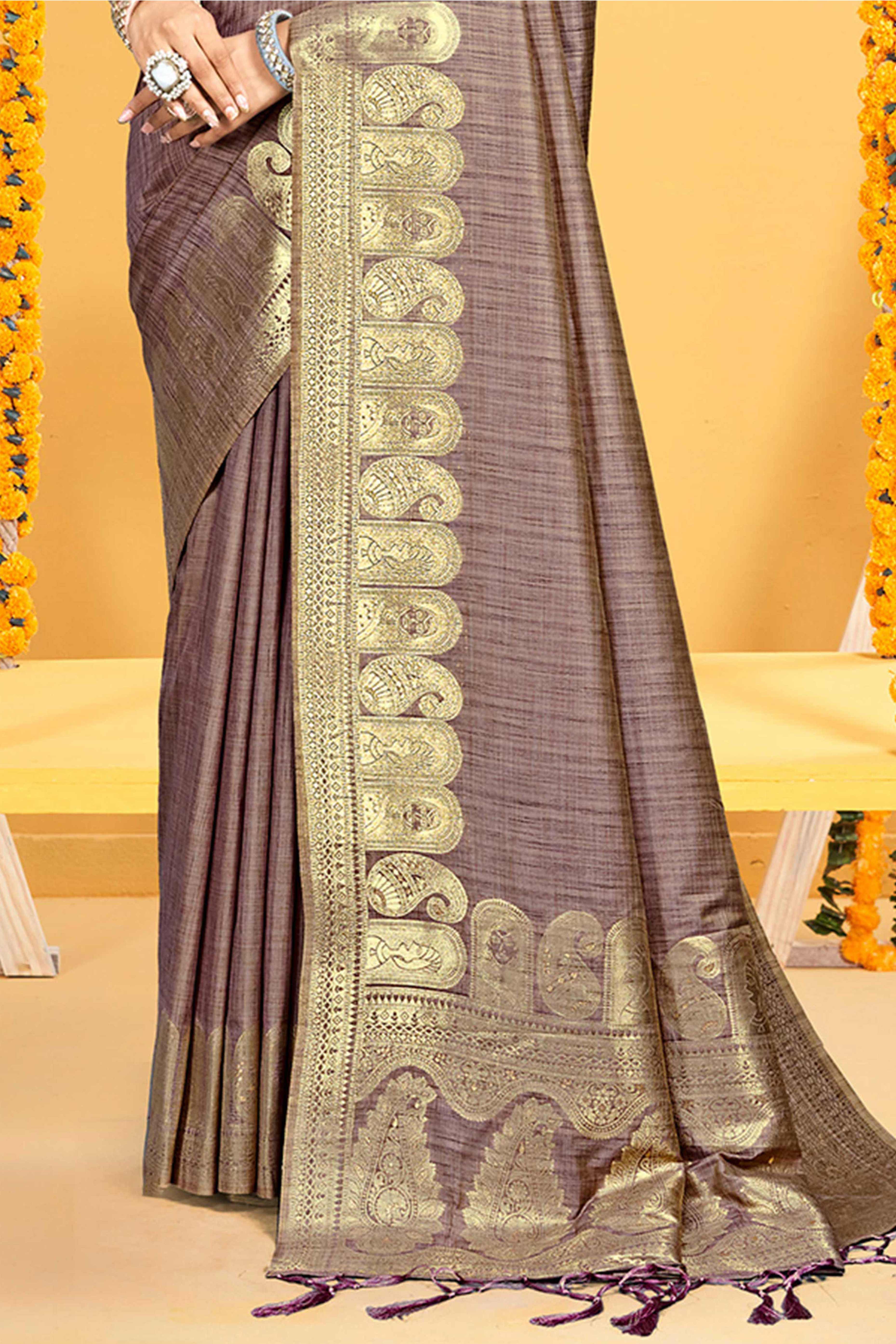 Classic Wine Floral & Paisley Design Weaving Assam Silk Blend Saree With Tassel Pallu - Image 4