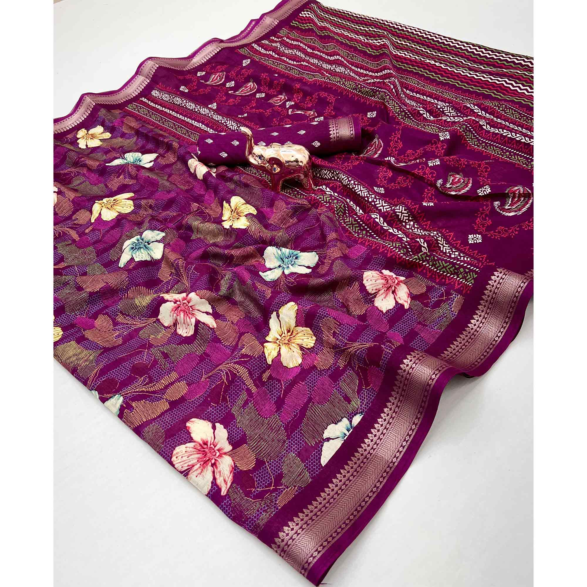 Classic Wine Floral Printed Cotton Blend Saree With Elegant Zari Weaving Border - Image 3