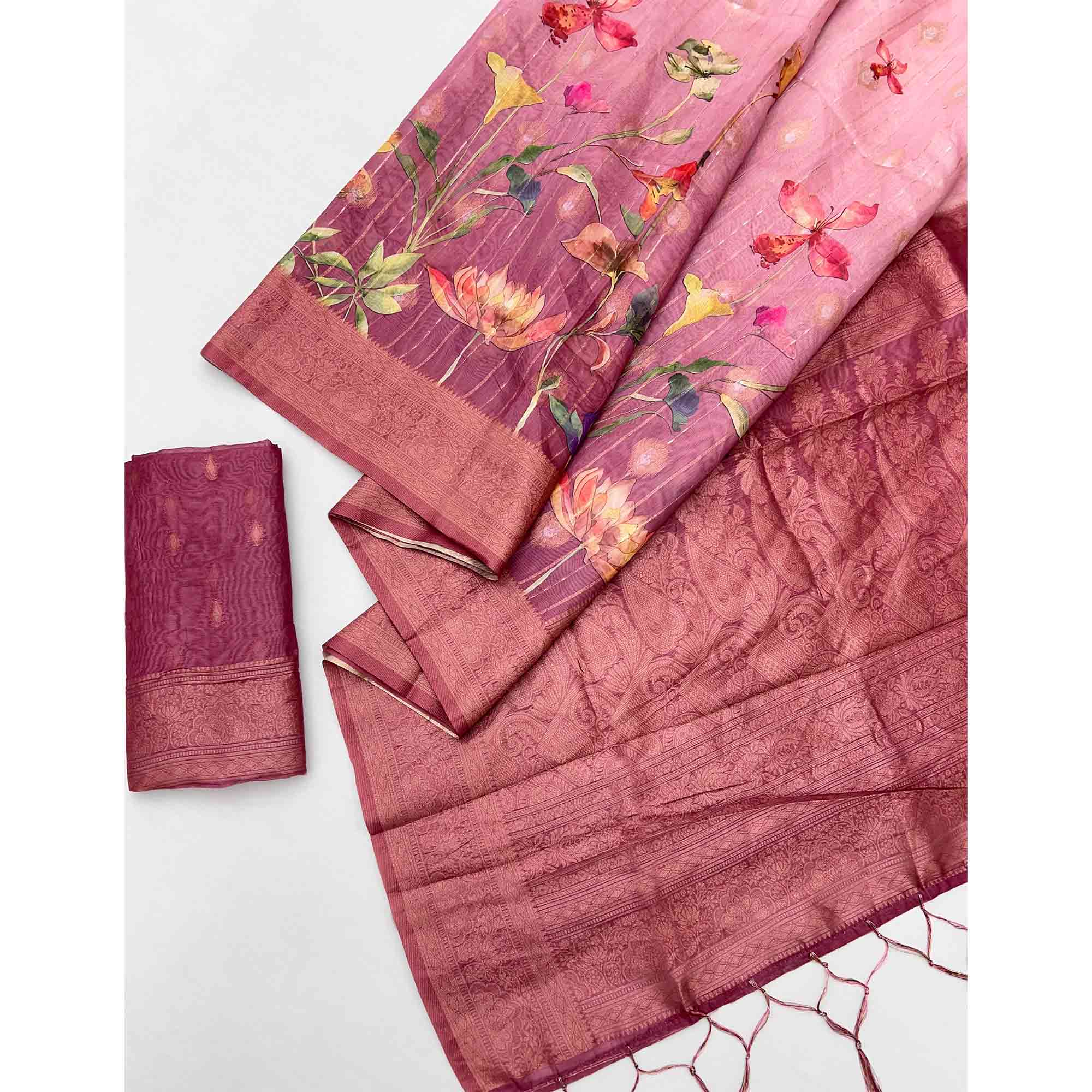 Classic Wine Floral Weaving & Digital Print Silk Blend Saree Accented With Tassel Pallu - Image 3