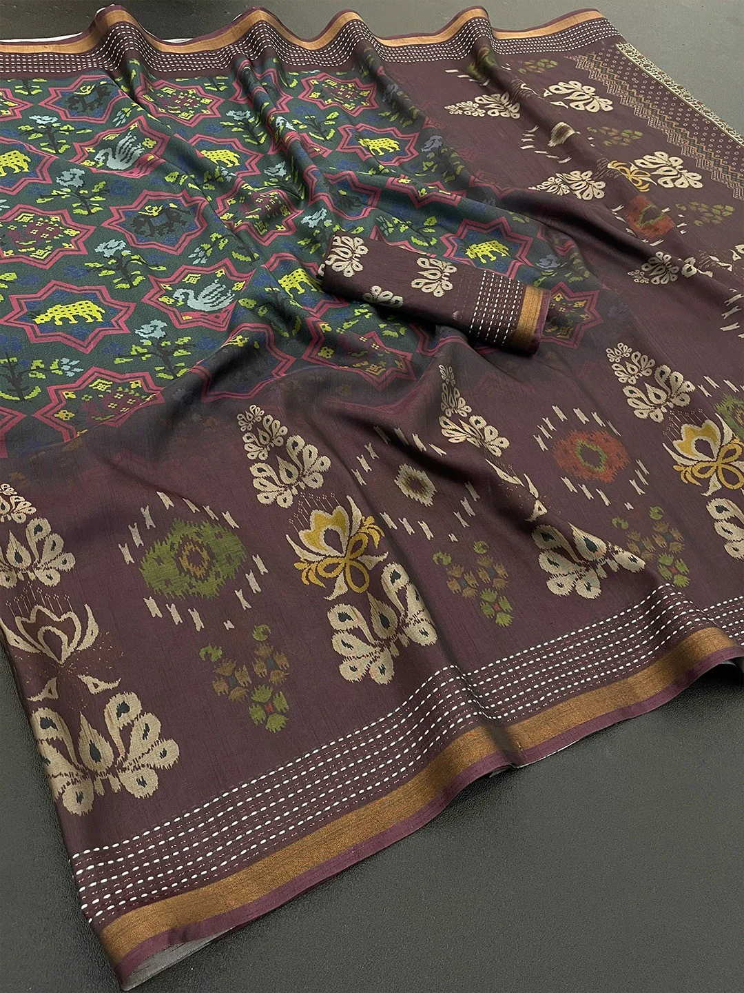 Classic Wine & Navy Blue Digital Patola Printed Silk Blend Saree With Fine Zari Woven Border - Image 2