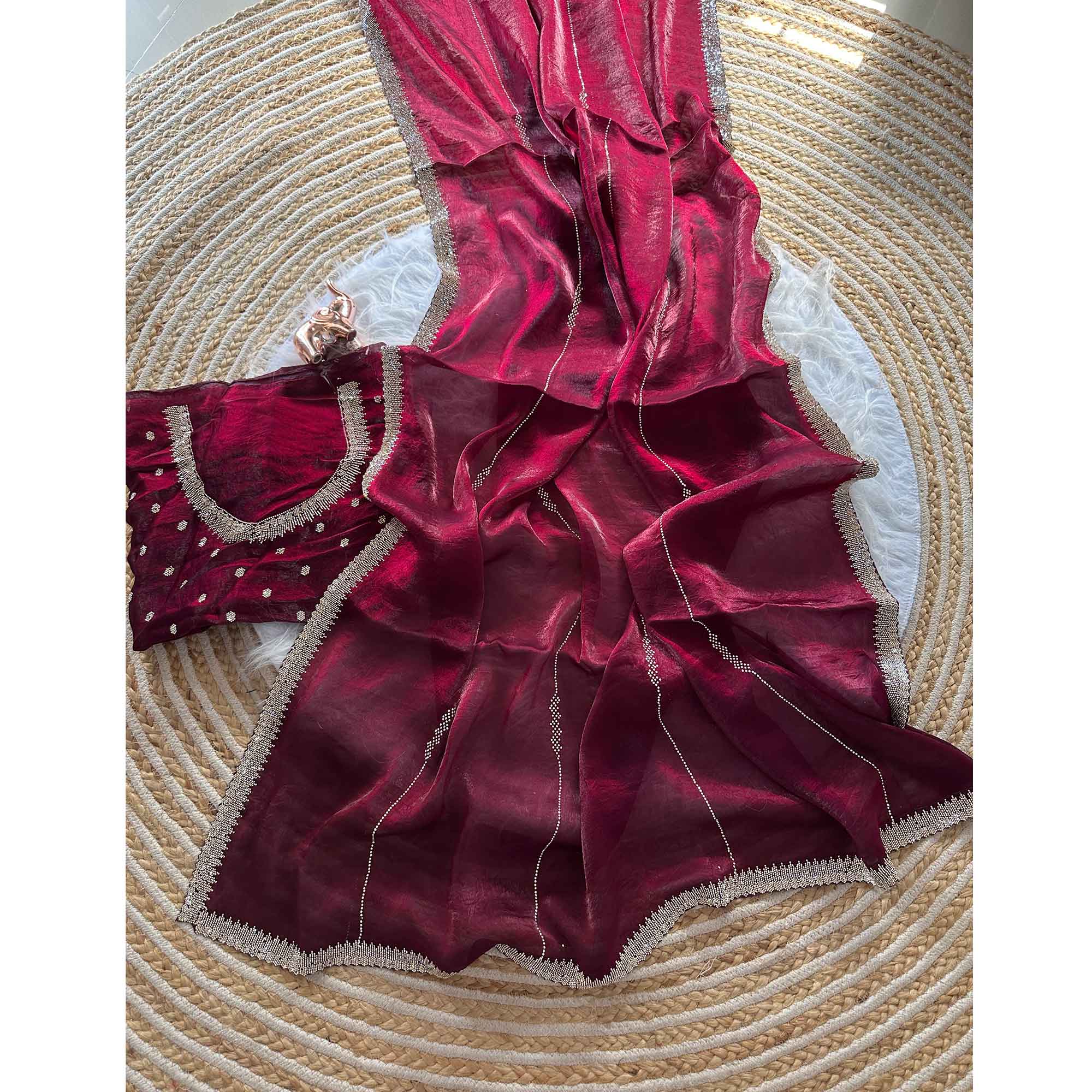 Classic Wine Pure Silk Saree Adorned With Sparkling Jarkan Work & An Exquisite Designer Border - Image 4