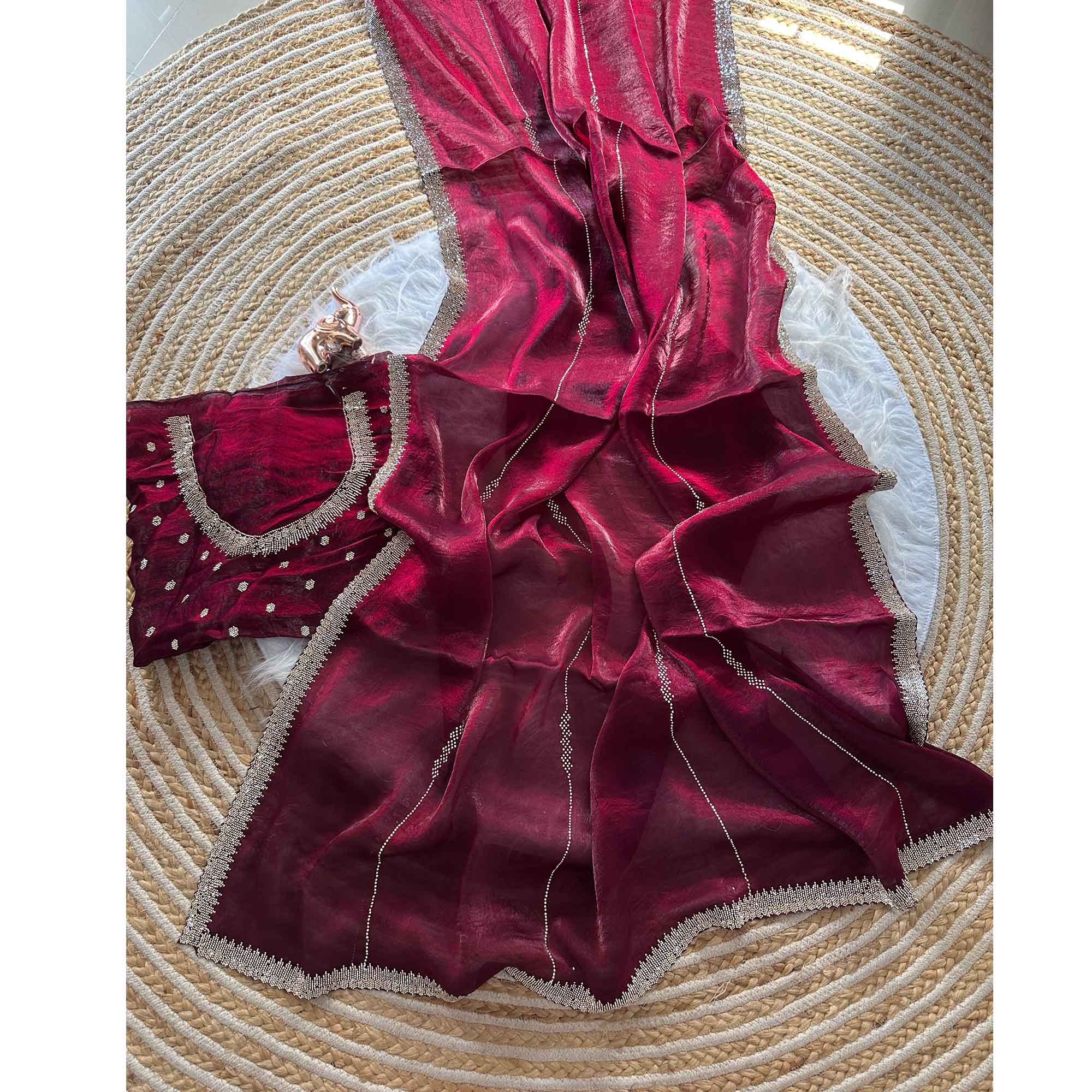 Classic Wine Pure Silk Saree Adorned With Sparkling Jarkan Work & An Exquisite Designer Border - Image 5