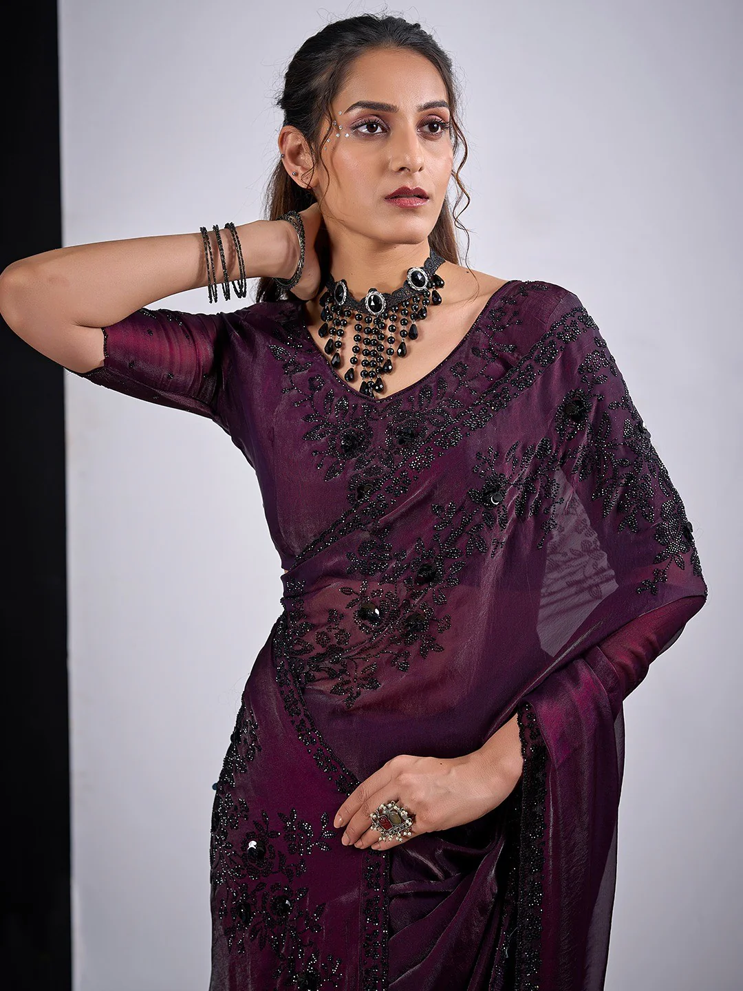 Classic Wine Satin Silk Saree Featuring Stone & Cut Dana Work With Sequin Applic Finish - Image 2