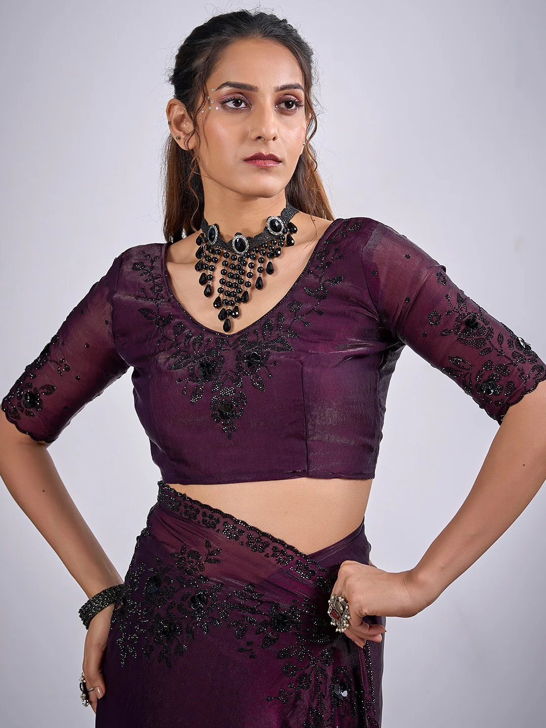 Classic Wine Satin Silk Saree Featuring Stone & Cut Dana Work With Sequin Applic Finish - Image 5