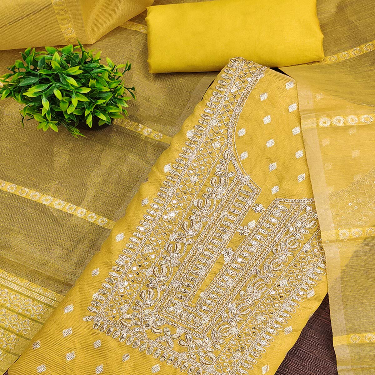 Classic Yellow Butti Weaving Shimmer Dress Material Enhanced With Sequins Cording Embroidery - Image 2