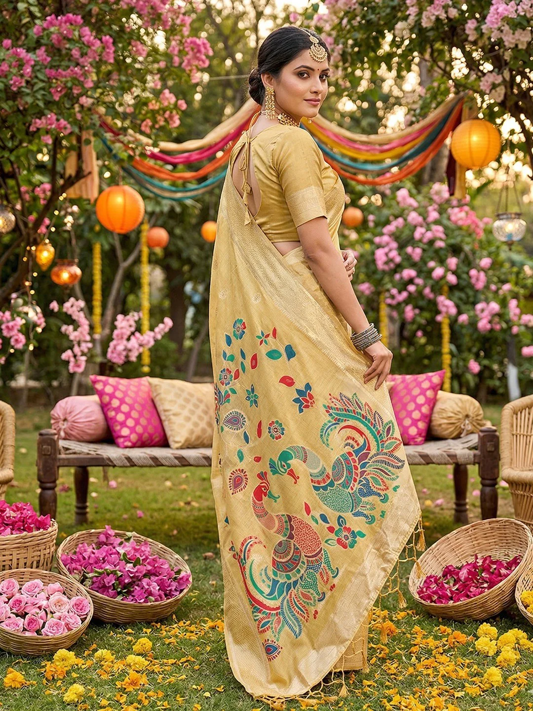 Classic Yellow Floral Weaving Tissue Saree Enhanced With Peacock Motif Pallu & Tassels - Image 2