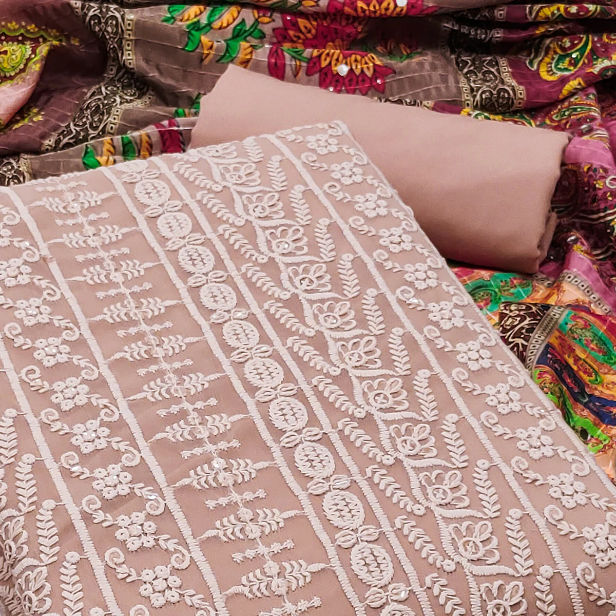 Coffee Brown Floral Chikankari Work Georgette Dress Material - Image 2