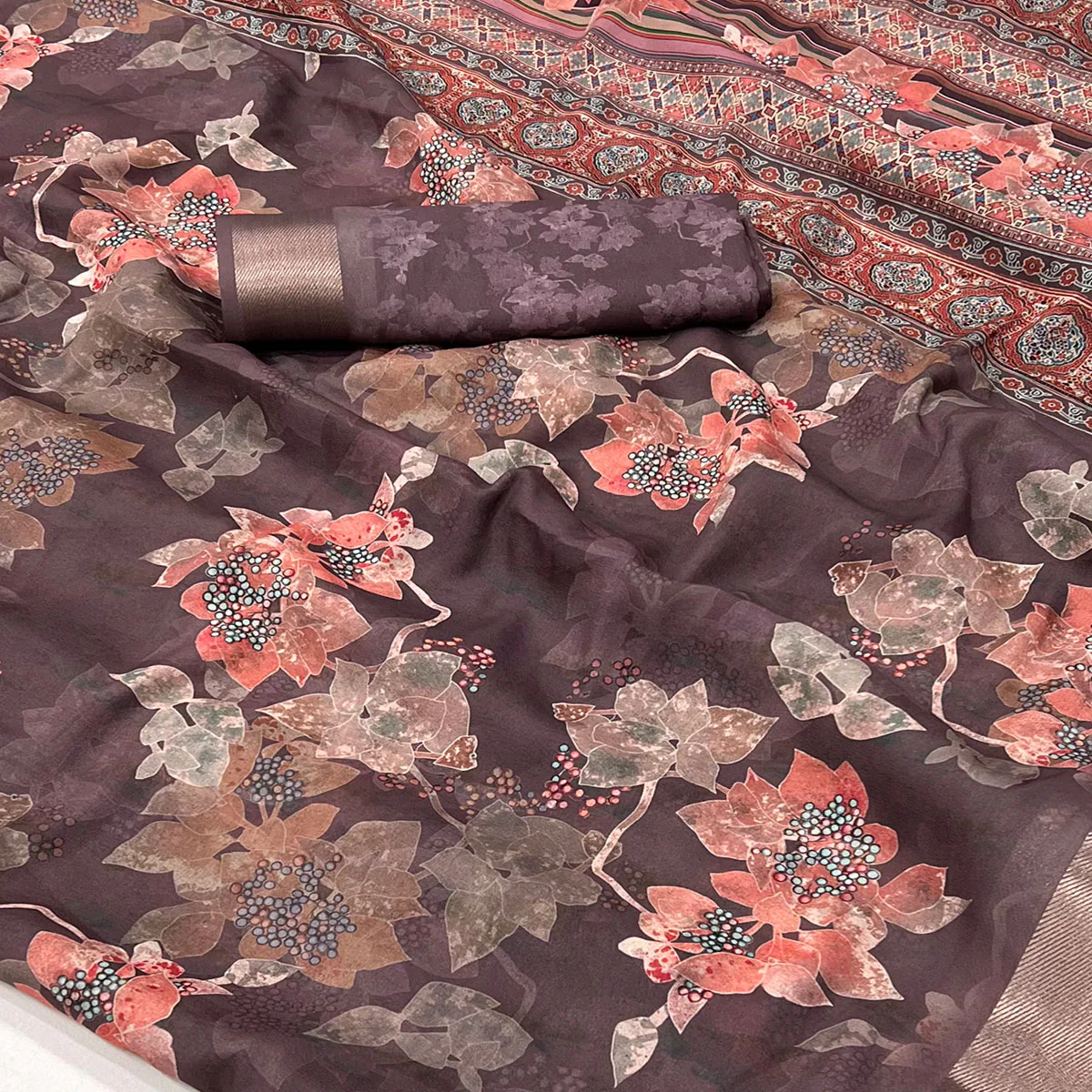 Coffee Brown Floral Digital Printed Moss Georgette Saree With Zari Border - Image 2