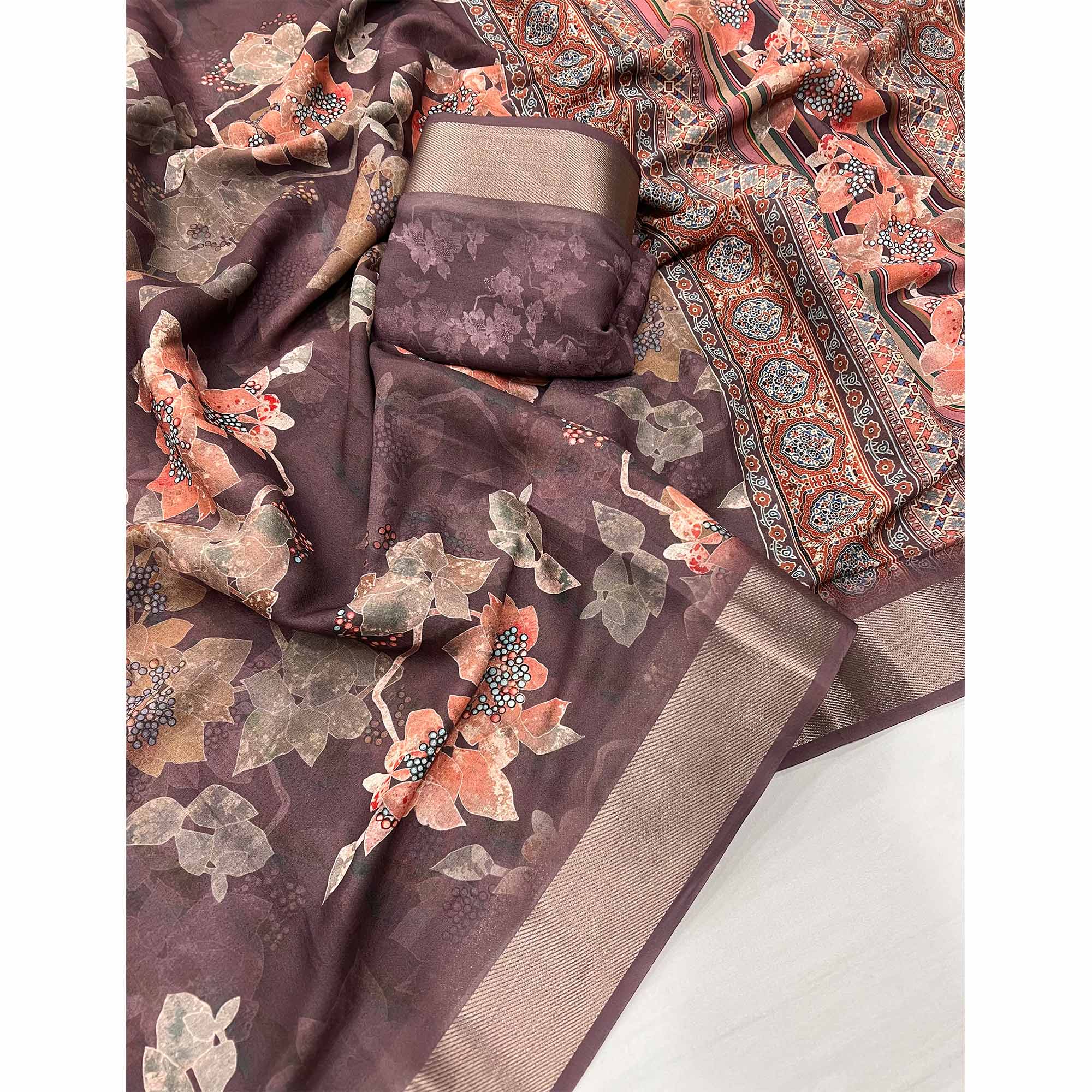 Coffee Brown Floral Digital Printed Moss Georgette Saree With Zari Border - Image 3