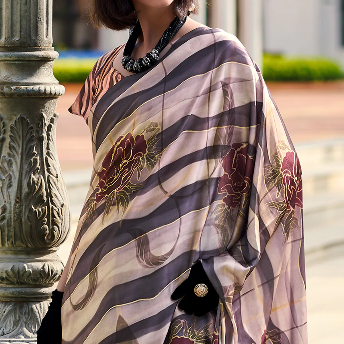 Coffee Brown Floral Digital Printed Pure Satin Saree - Image 3