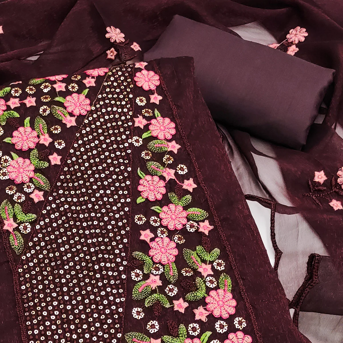 Coffee Brown Unstitched Shimmer Dress Material with Stylish Floral Embellishment - Image 2