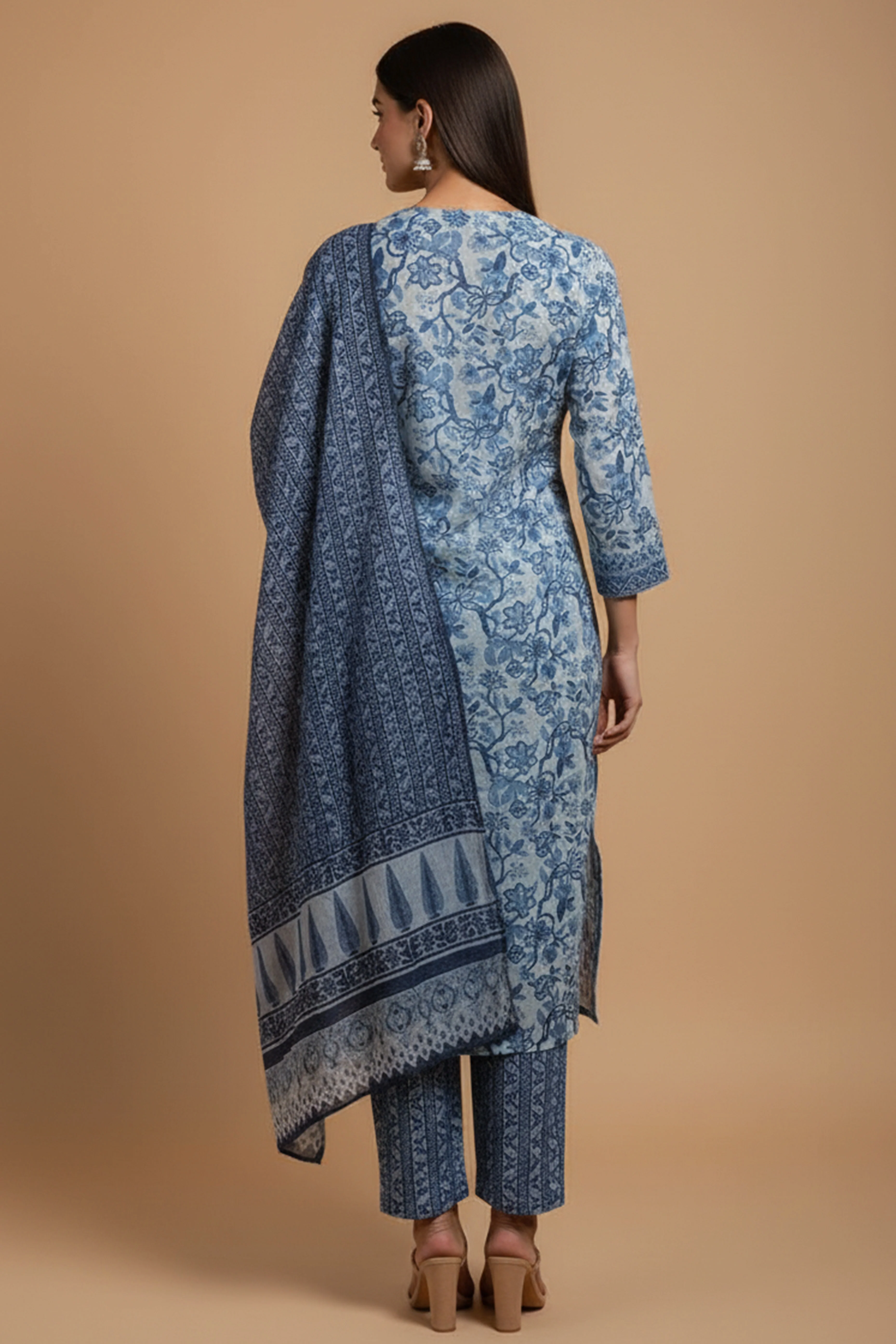 Comfort Fit Blue Floral Cotton Salwar Suit with Neckline Embroidery Detailing - Image 3
