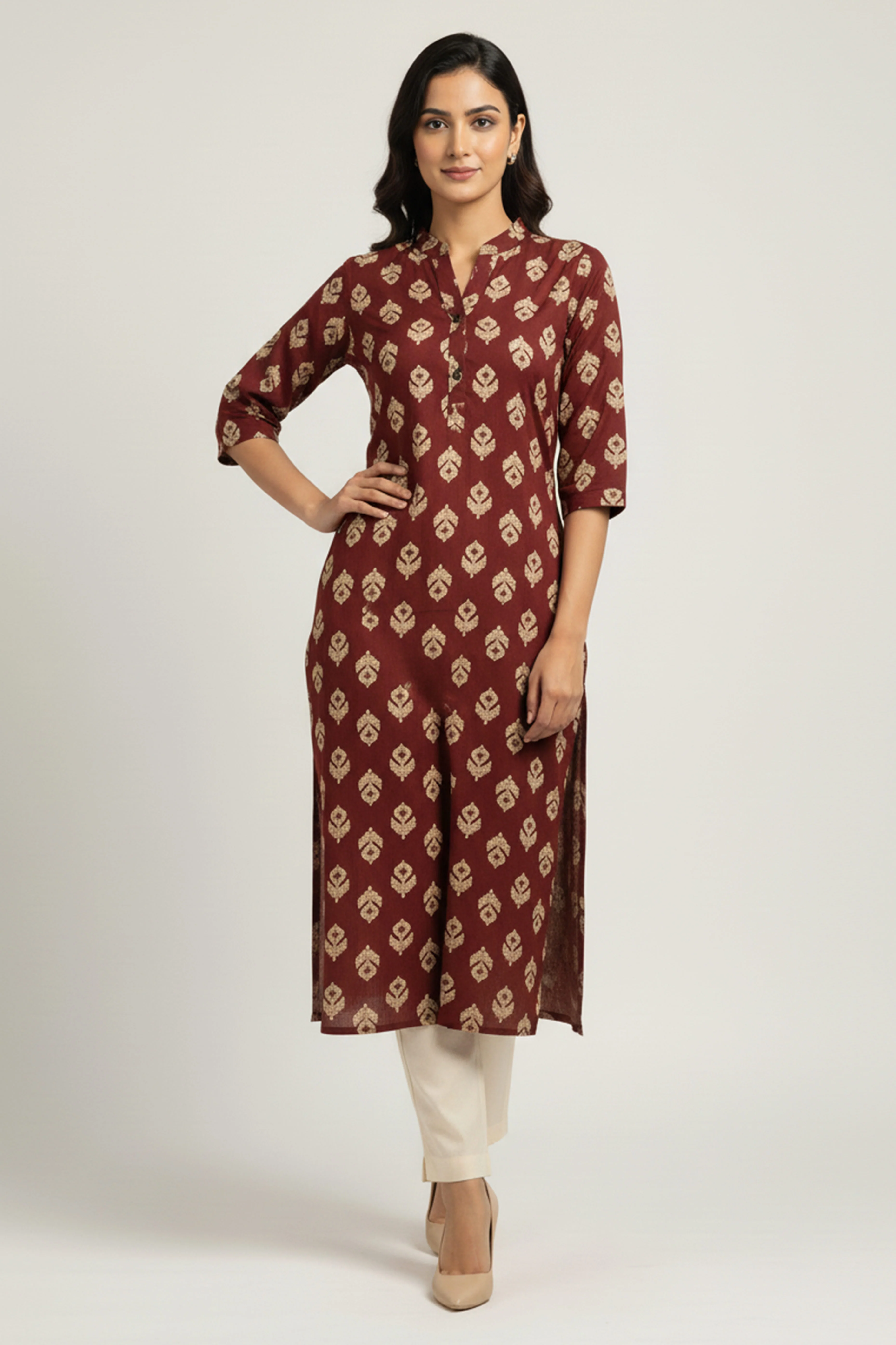 Comfortable Maroon Floral Print Straight Kurti Made in Rayon Fabric - Image 5