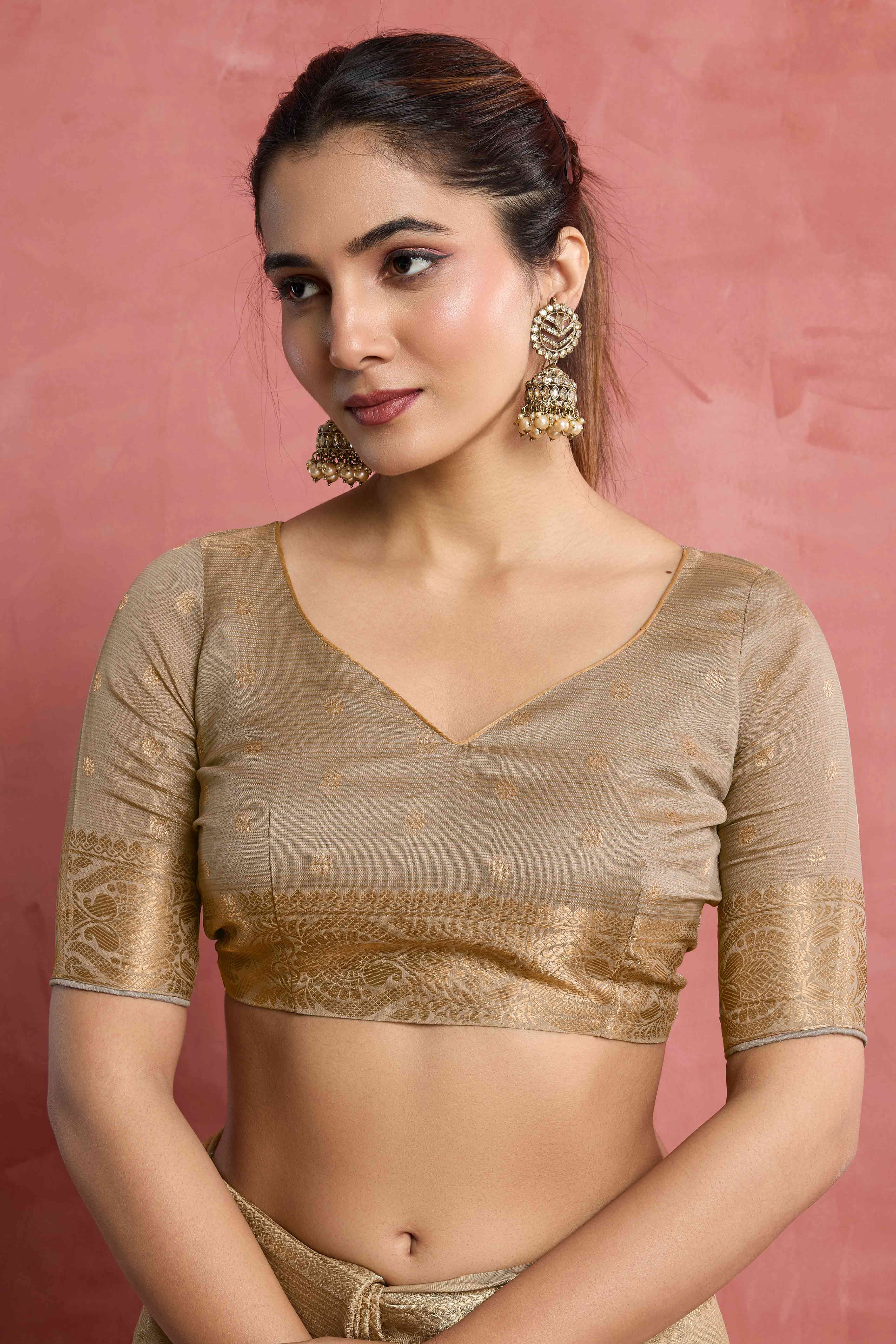 Contemporary Beige Silk Blend Saree Flaunting Alternate Butta With Piping & Tassel Accents - Image 6