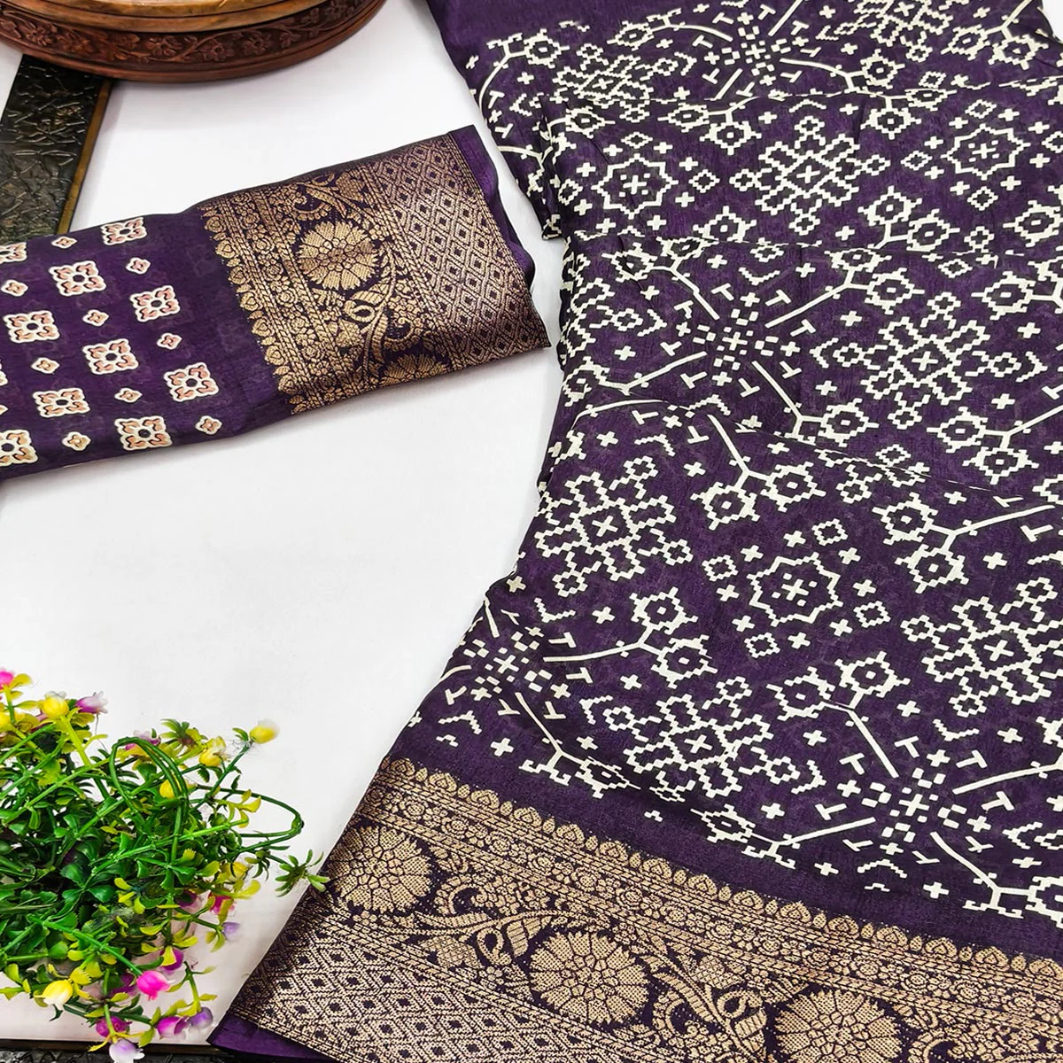 Contemporary Dark purple Geometric Mill Printed Dola Silk Saree With Ornate Floral Zari Border - Image 2