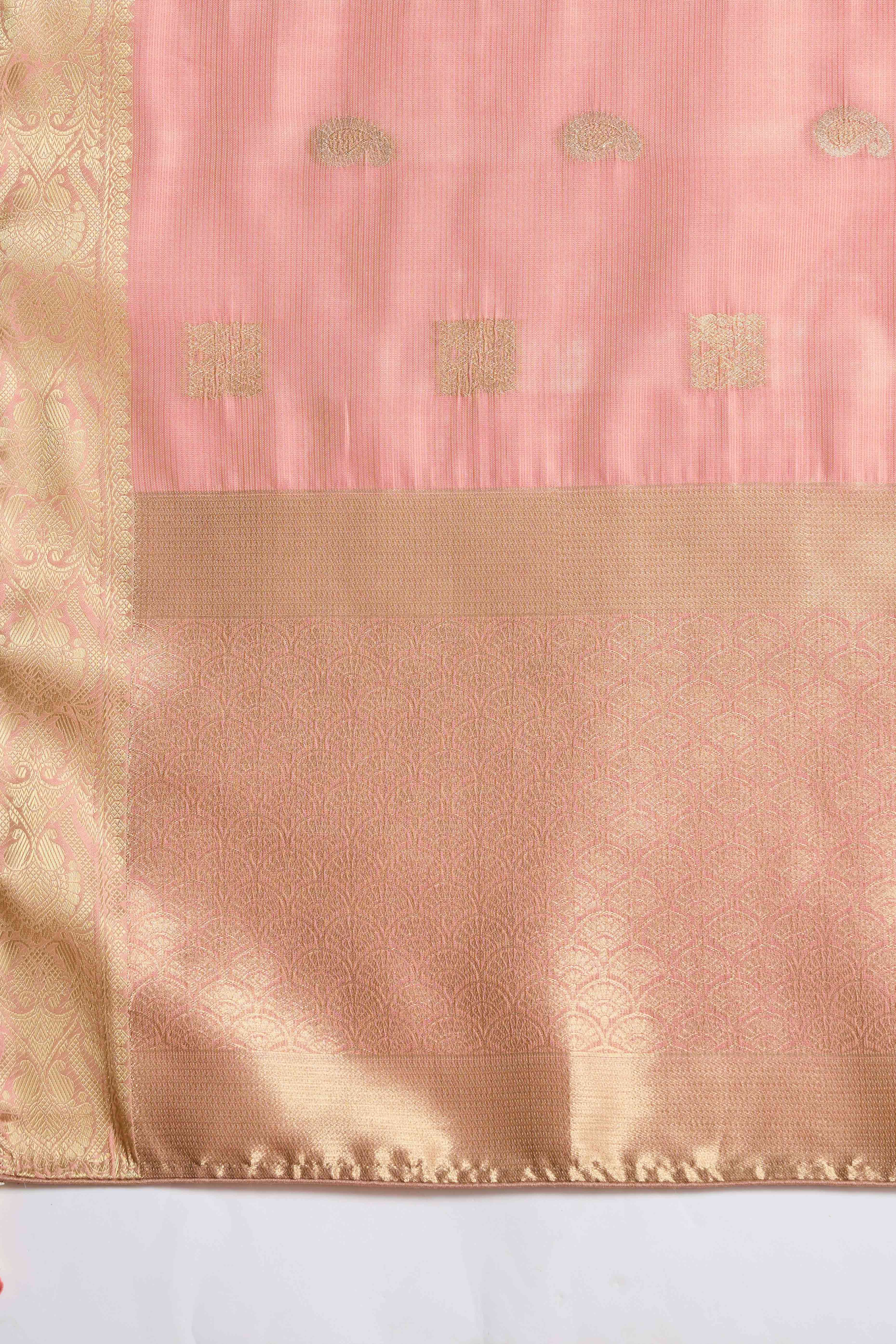 Contemporary Gajari Pink Silk Blend Saree Flaunting Alternate Buttas With Piping & Tassel Accents - Image 7