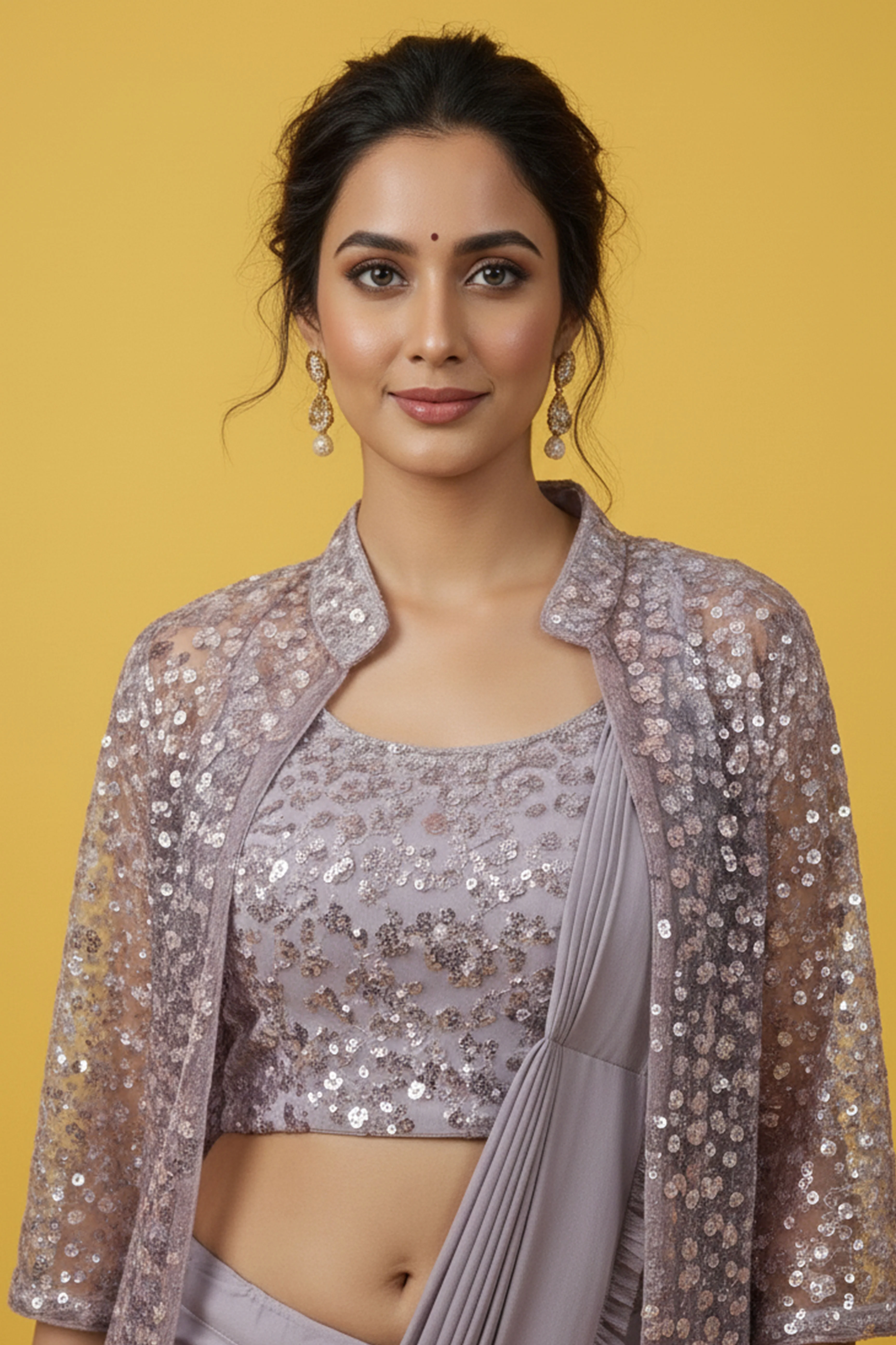 Contemporary Lycra Ruffled Stitched Saree in Lavender with Shimmer Jacket - Image 2