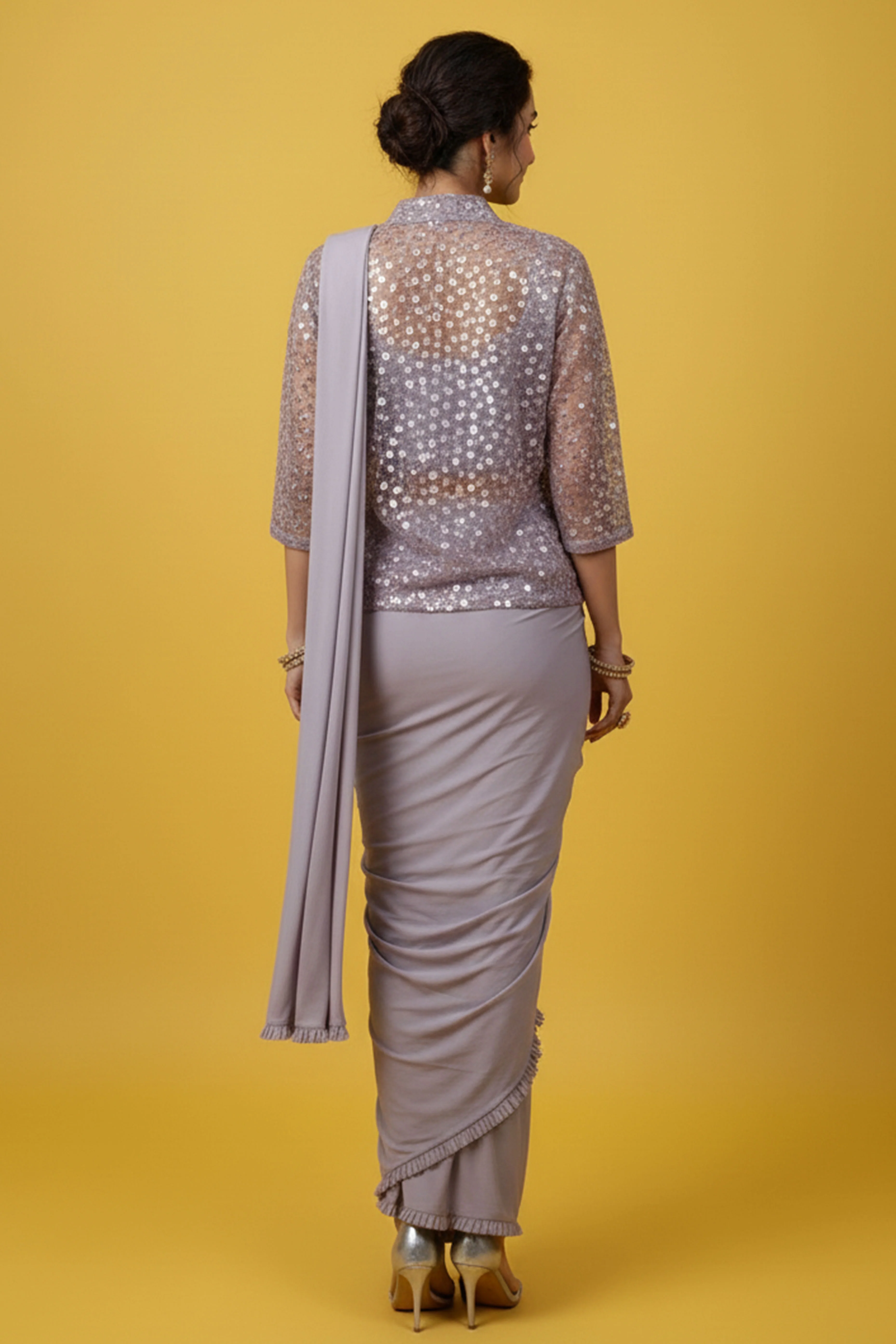 Contemporary Lycra Ruffled Stitched Saree in Lavender with Shimmer Jacket - Image 3