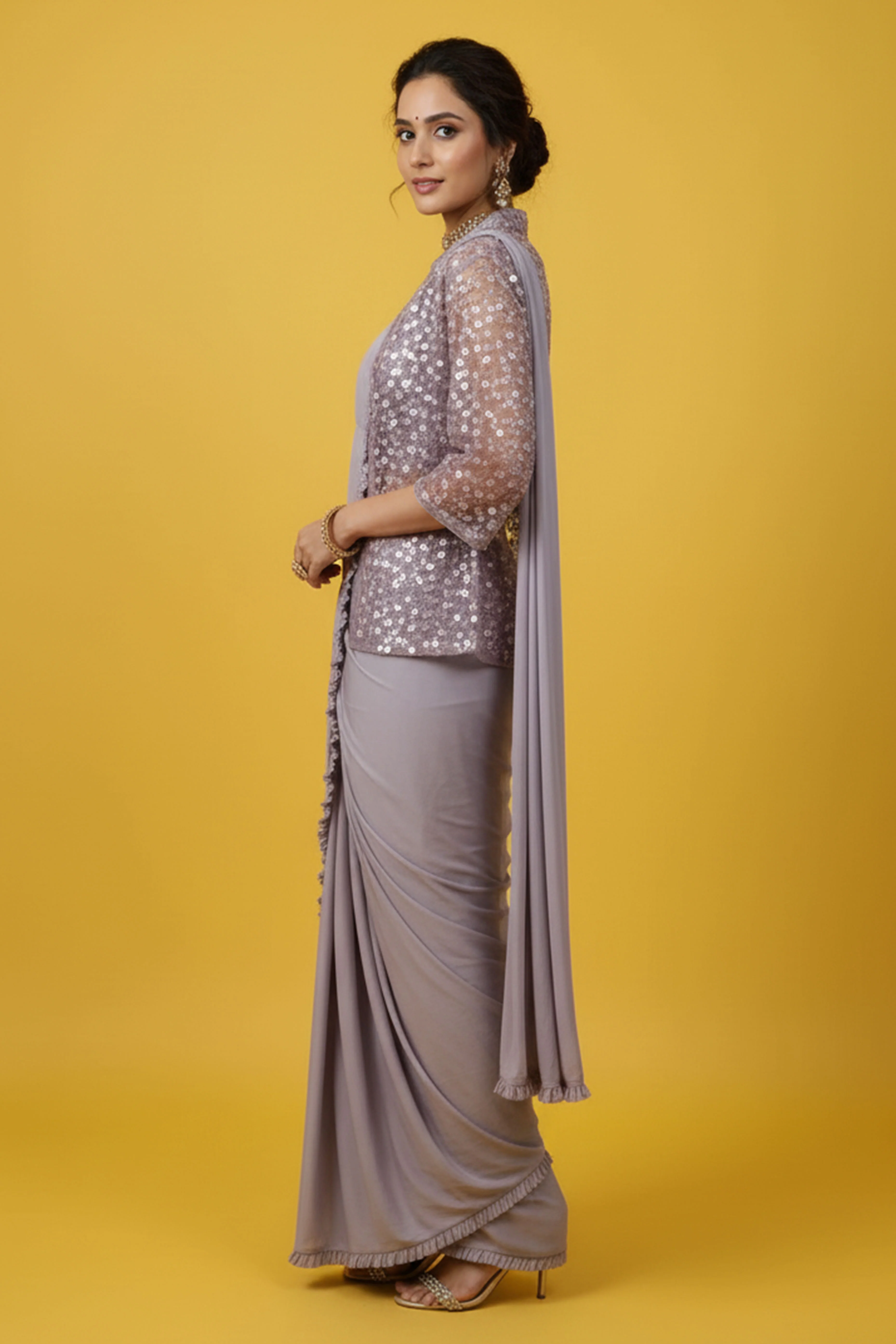 Contemporary Lycra Ruffled Stitched Saree in Lavender with Shimmer Jacket - Image 4