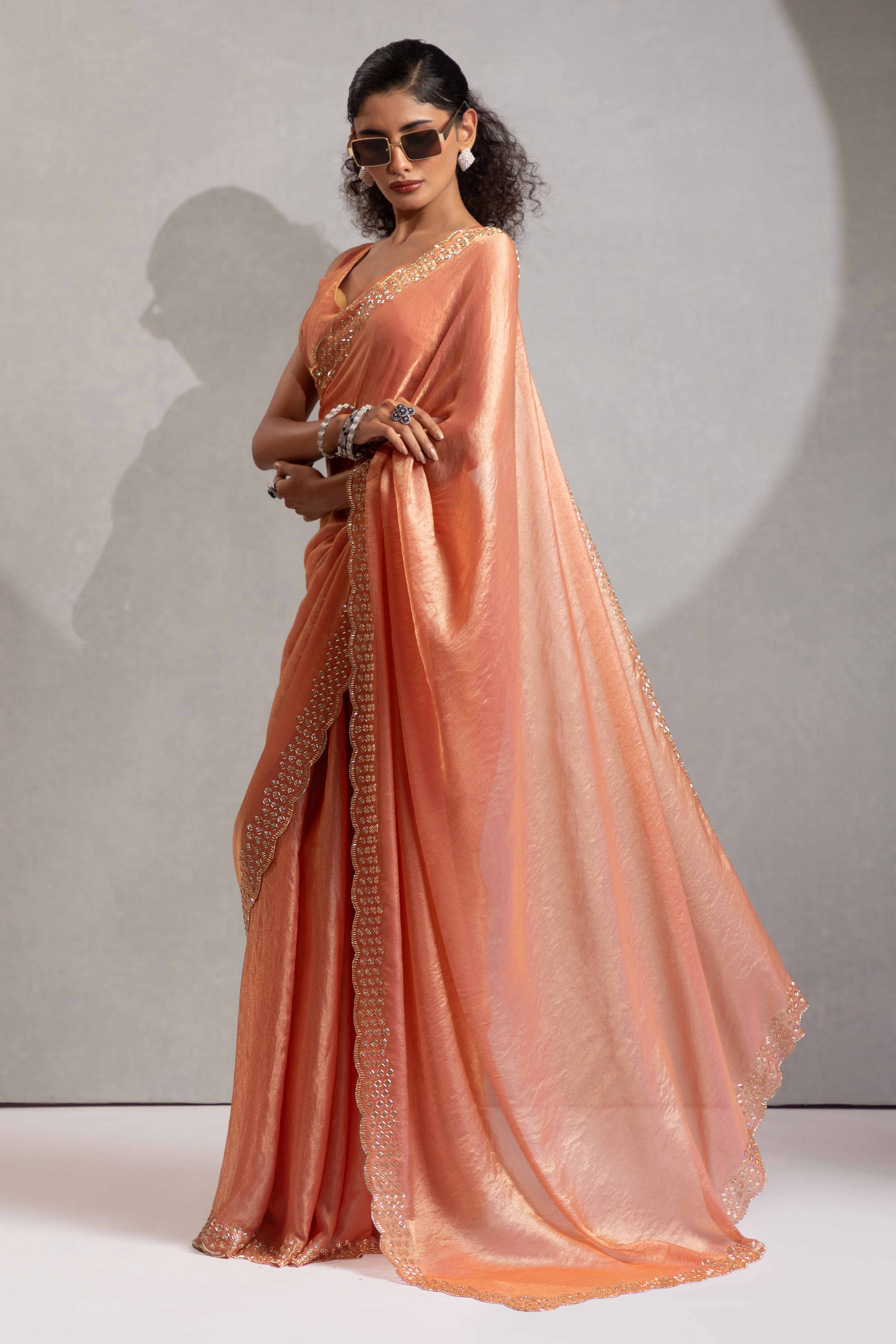 Coral Peach Satin Saree with Glamorous Stone Embellishment - Image 3