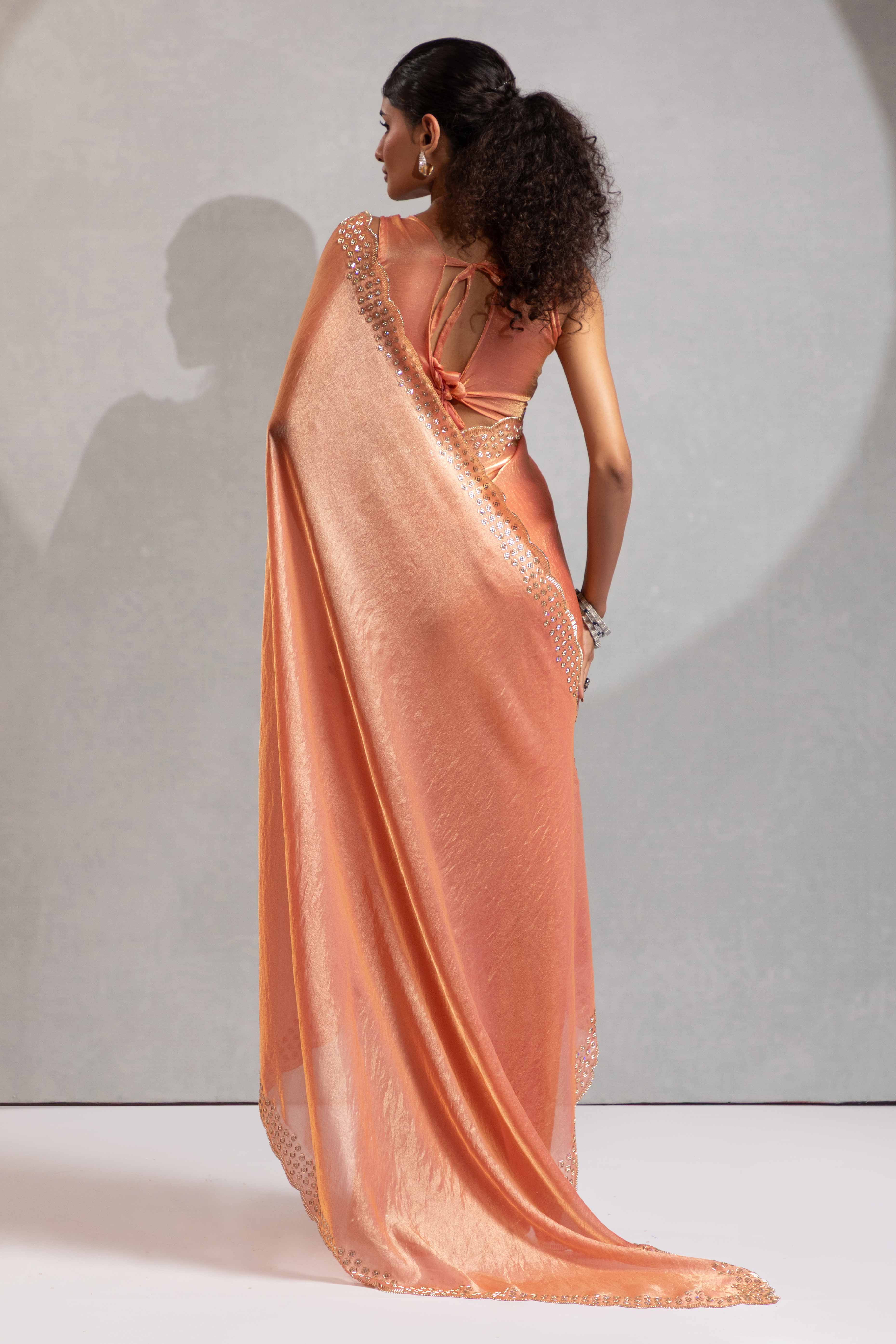 Coral Peach Satin Saree with Glamorous Stone Embellishment - Image 4
