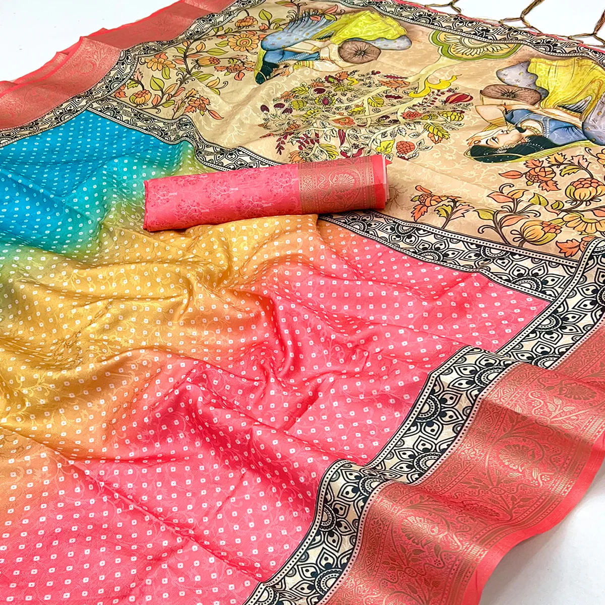 Coral Pink Bandhani Digital Printed Silk Blend Weaving Saree With Madhubani Pallu With Tassel - Image 2
