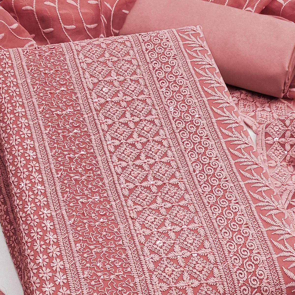 Coral Pink Floral Thread Embroidery With Sequins Highlighted Georgette Dress Material - Image 2