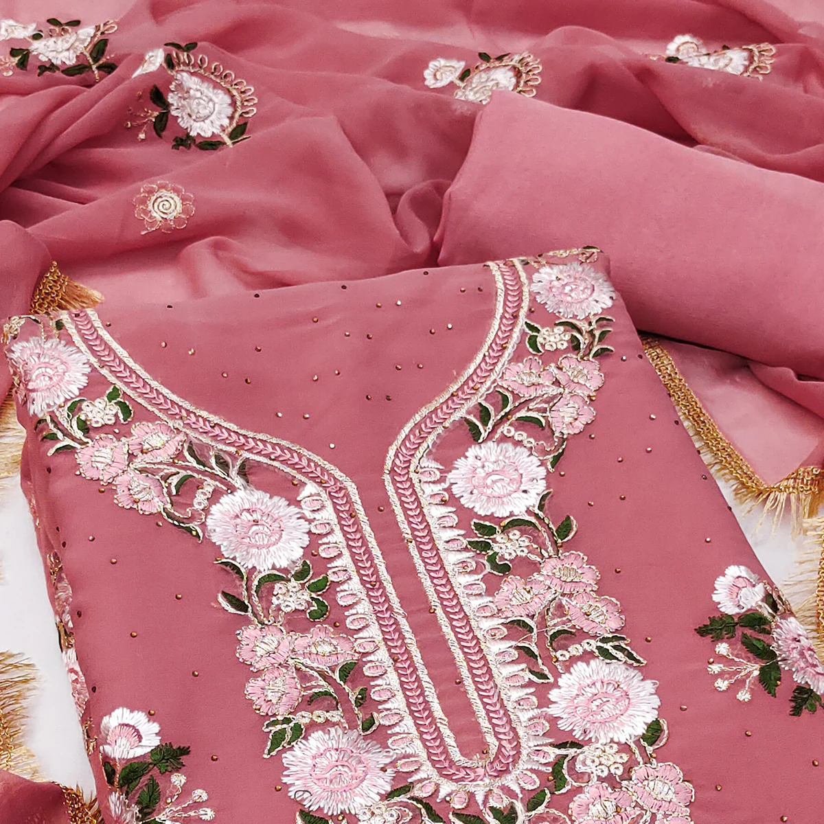Coral Pink Georgette Dress Material With Exquisite Floral Embroidery & Shimmering Stonework - Image 2
