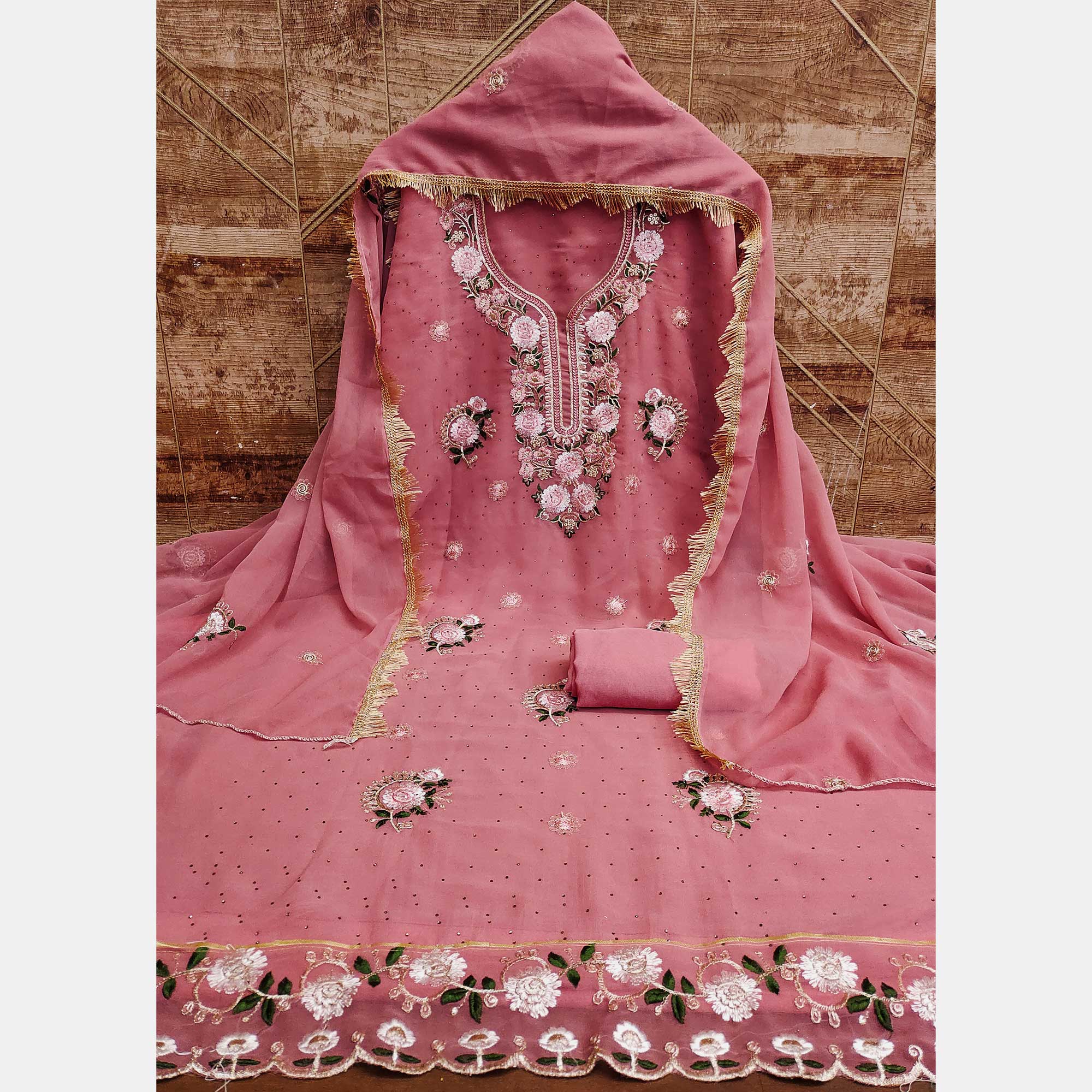 Coral Pink Georgette Dress Material With Exquisite Floral Embroidery & Shimmering Stonework - Image 3