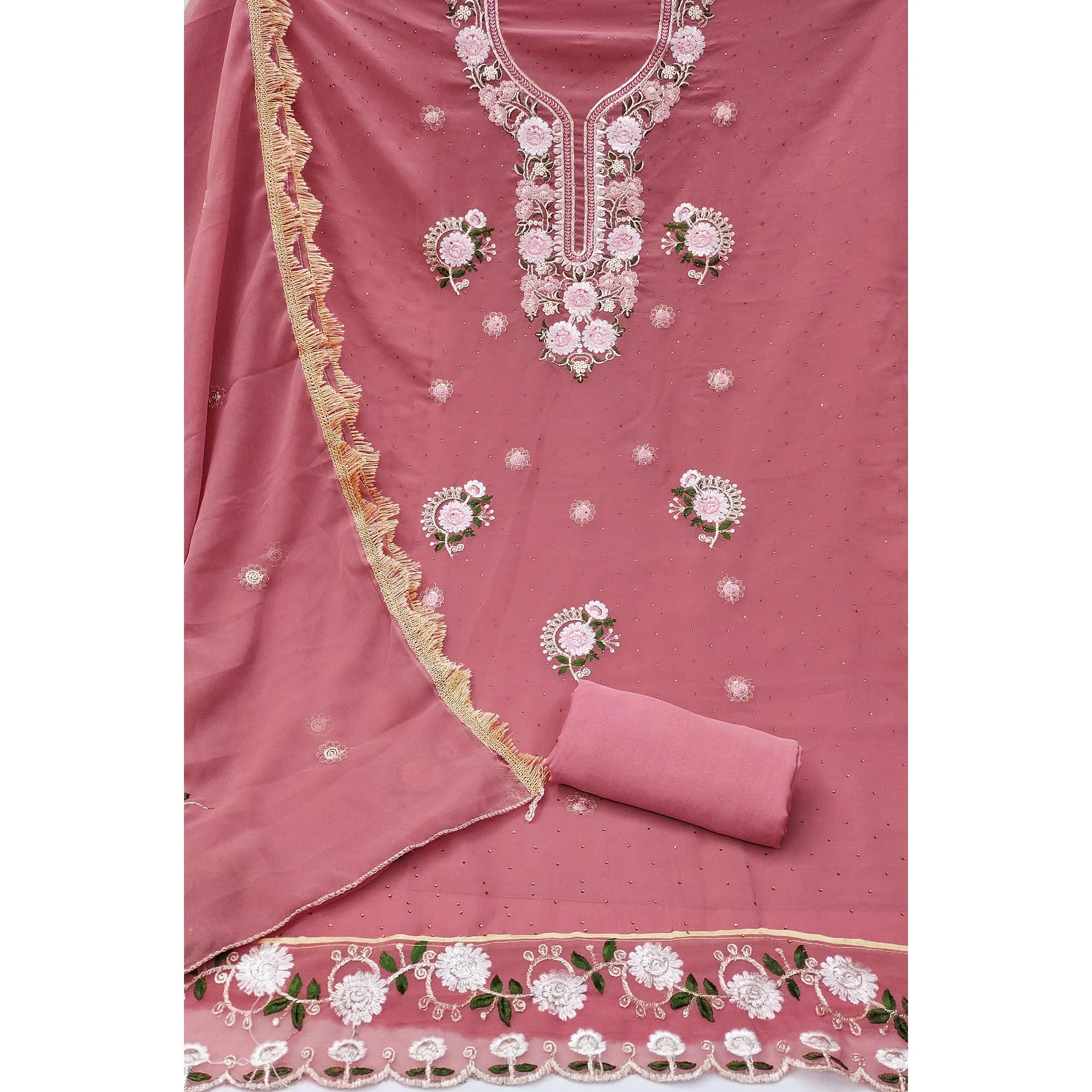 Coral Pink Georgette Dress Material With Exquisite Floral Embroidery & Shimmering Stonework - Image 4