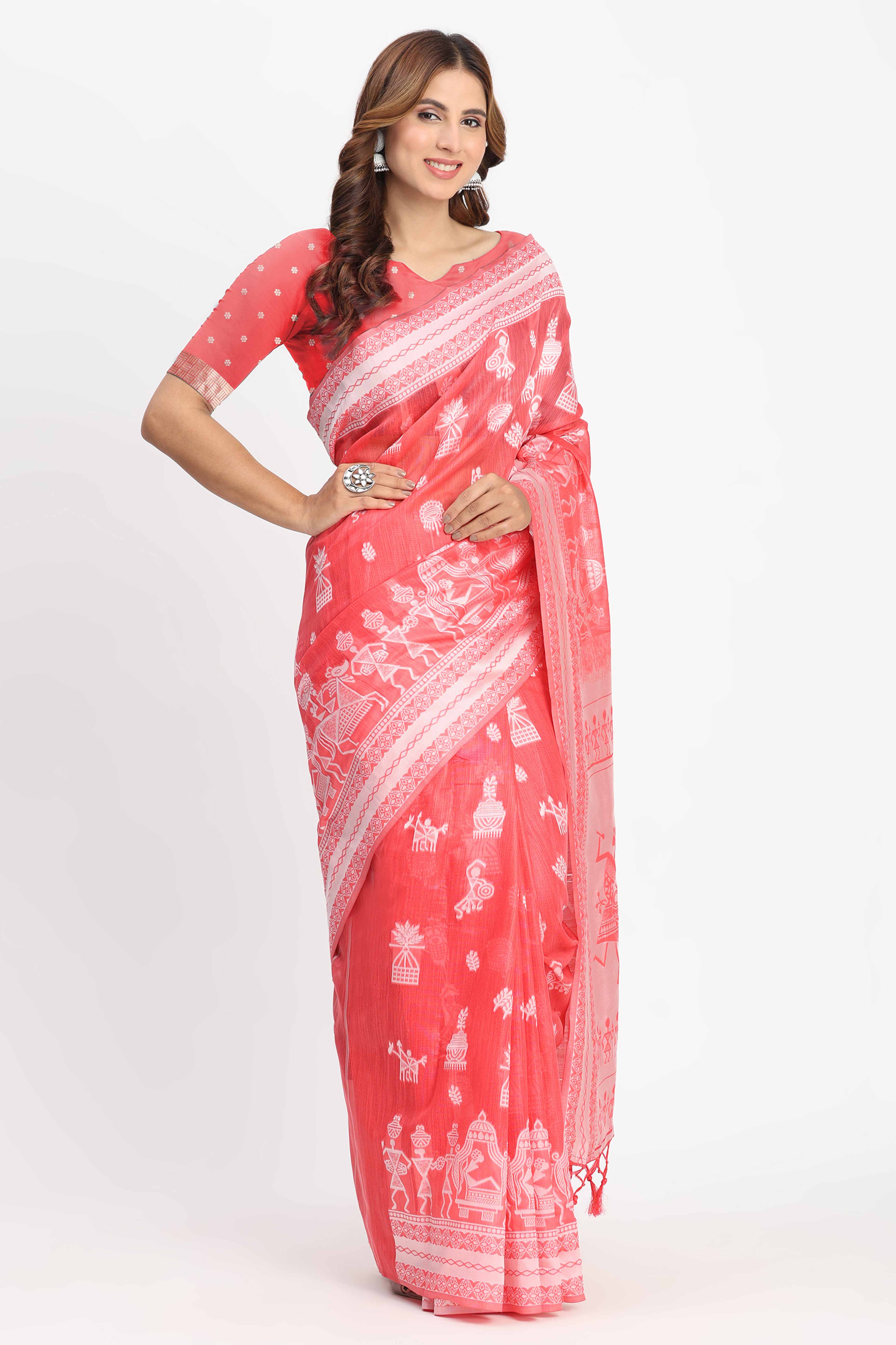 Coral Pink Linen Cotton Saree Showcasing Traditional Warli Motifs In Zari Weaving With Tassel Pallu - Image 5