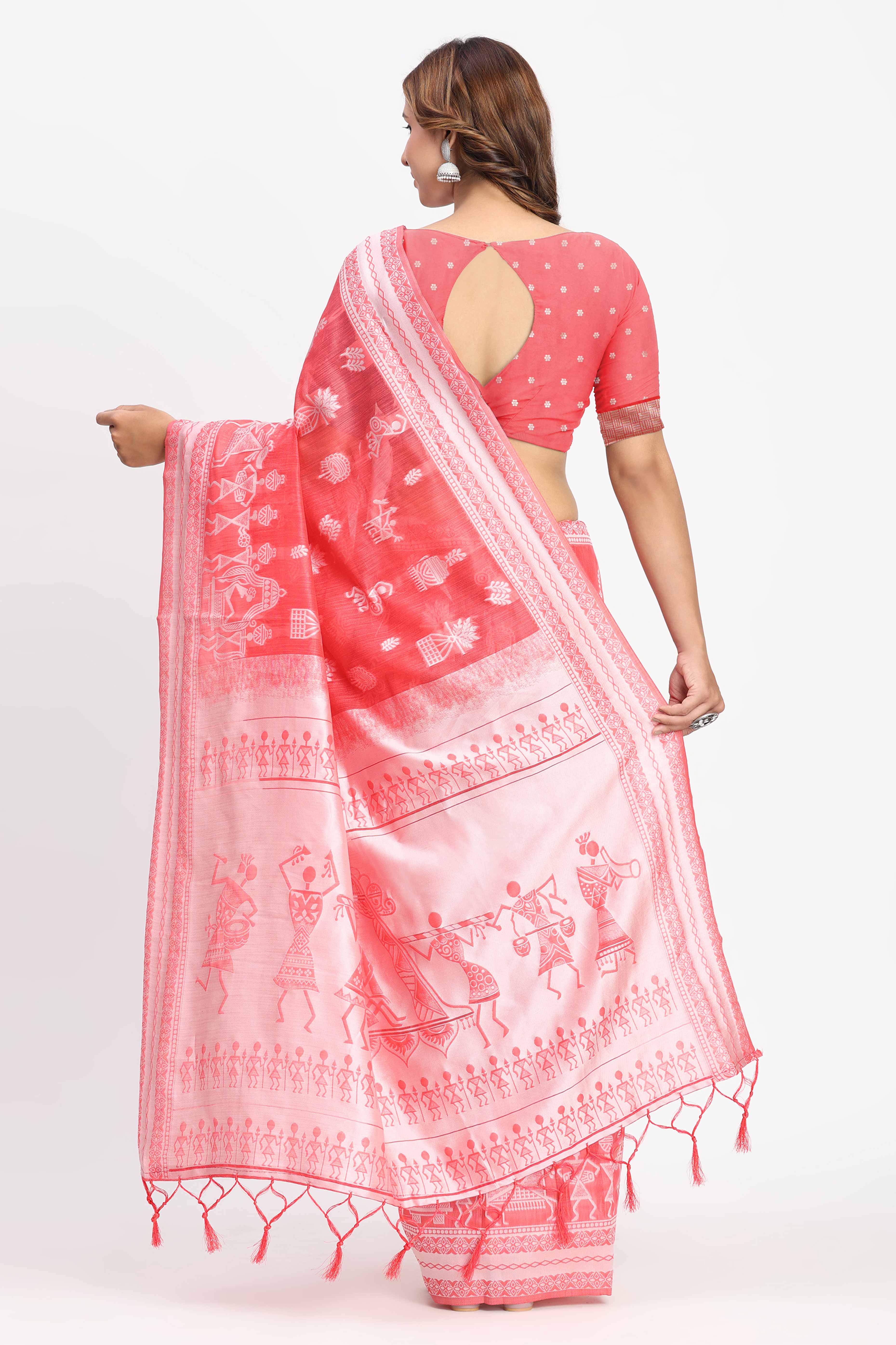 Coral Pink Linen Cotton Saree Showcasing Traditional Warli Motifs In Zari Weaving With Tassel Pallu - Image 6