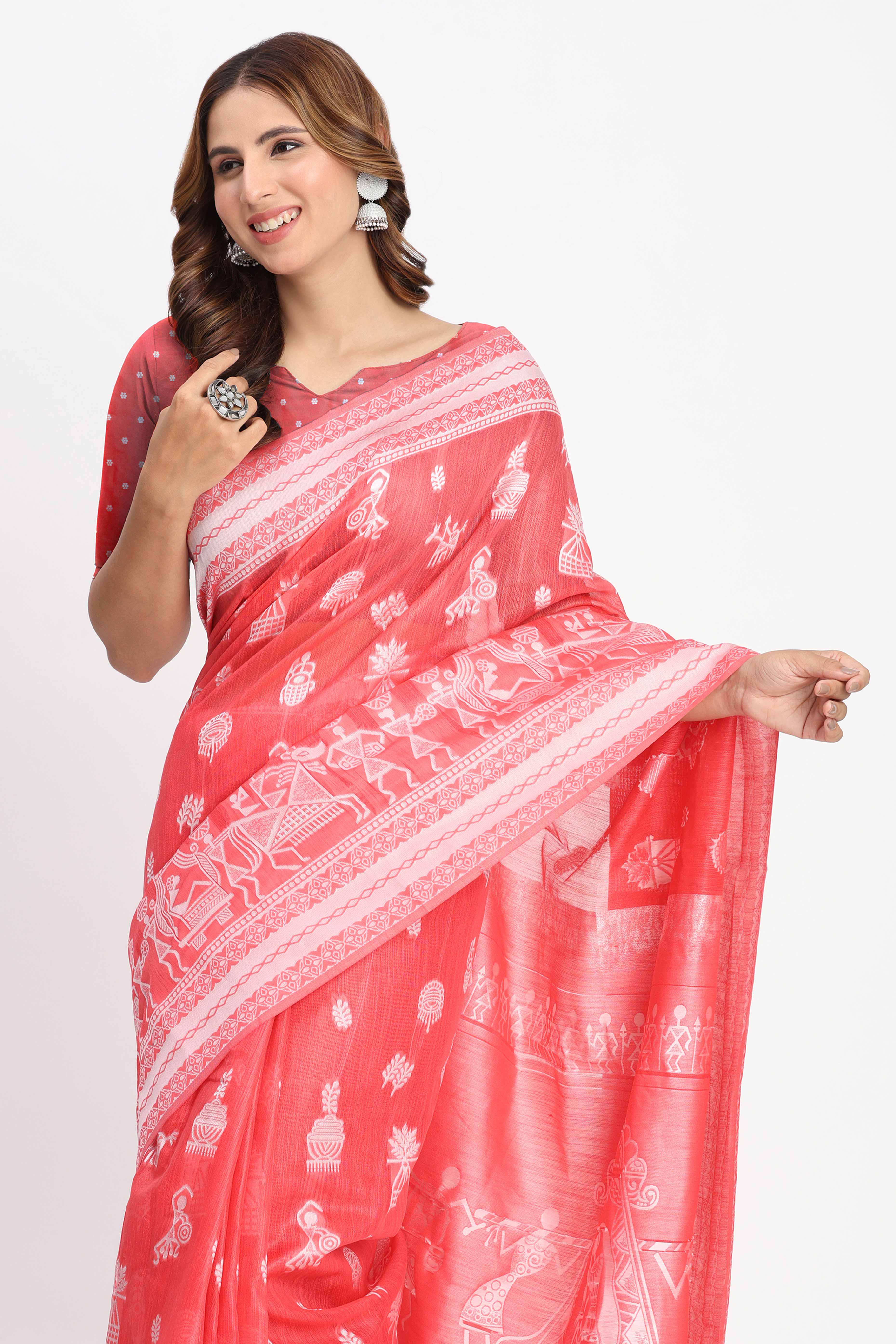 Coral Pink Linen Cotton Saree Showcasing Traditional Warli Motifs In Zari Weaving With Tassel Pallu - Image 7