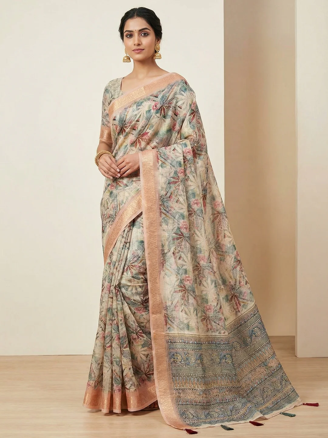 Cream Abstract Digital Printed Cotton Blend Saree with Detailed Digital Pattern Finish