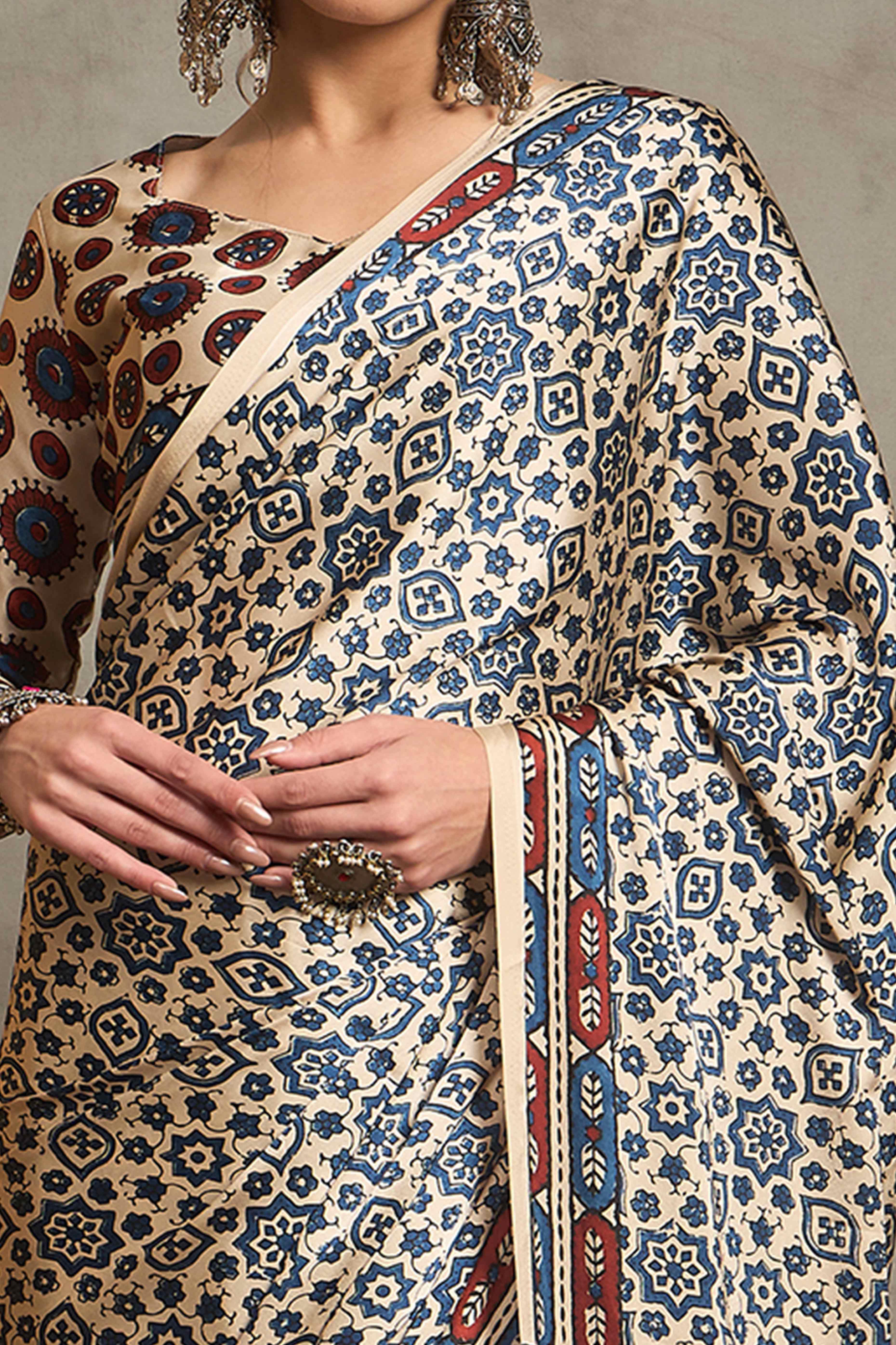Cream Ajrakh Print Satin Saree with Traditional Charm - Image 2