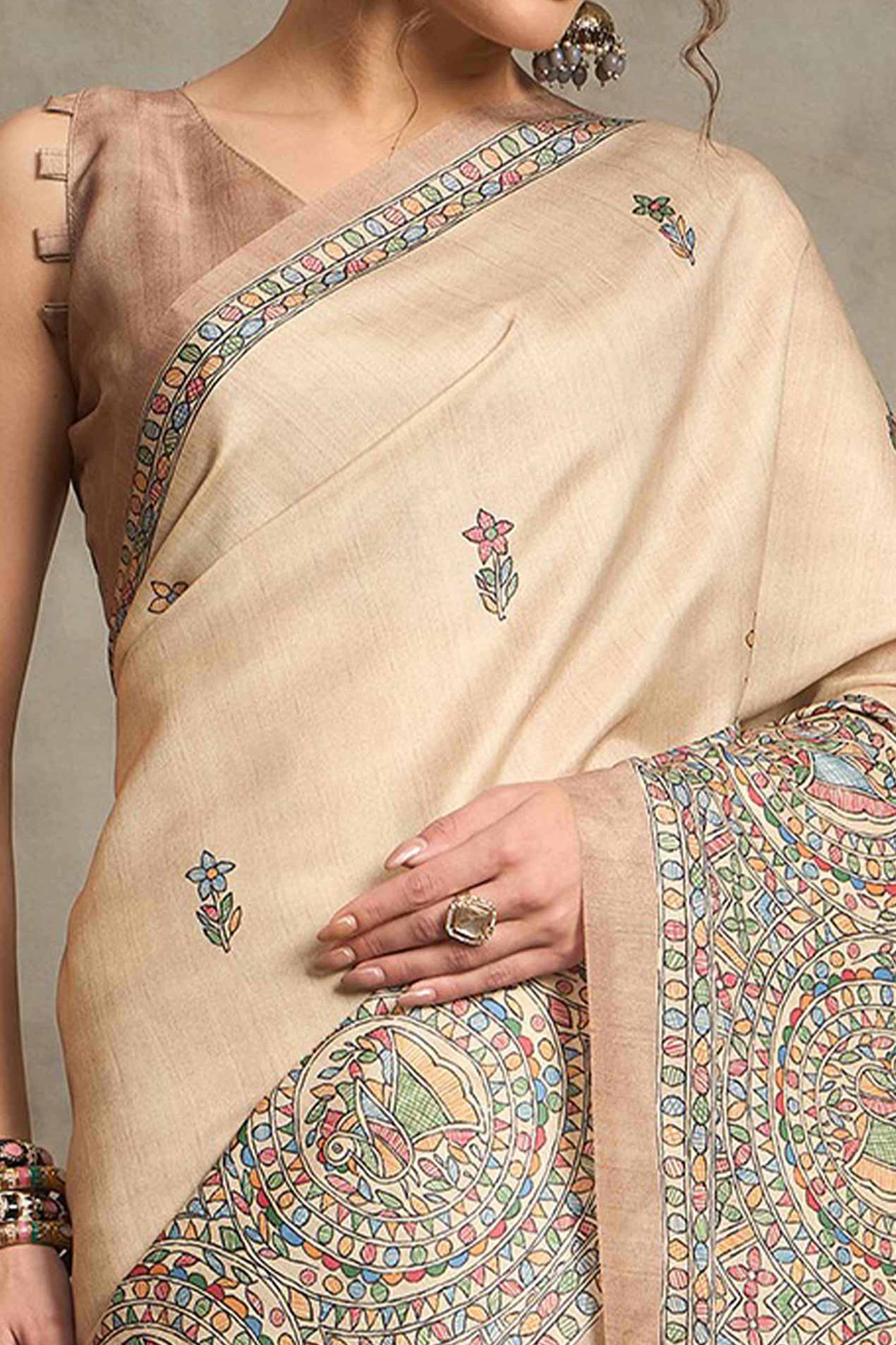 Cream Art Silk Saree with Intricate Madhubani Folk Patterns - Image 2