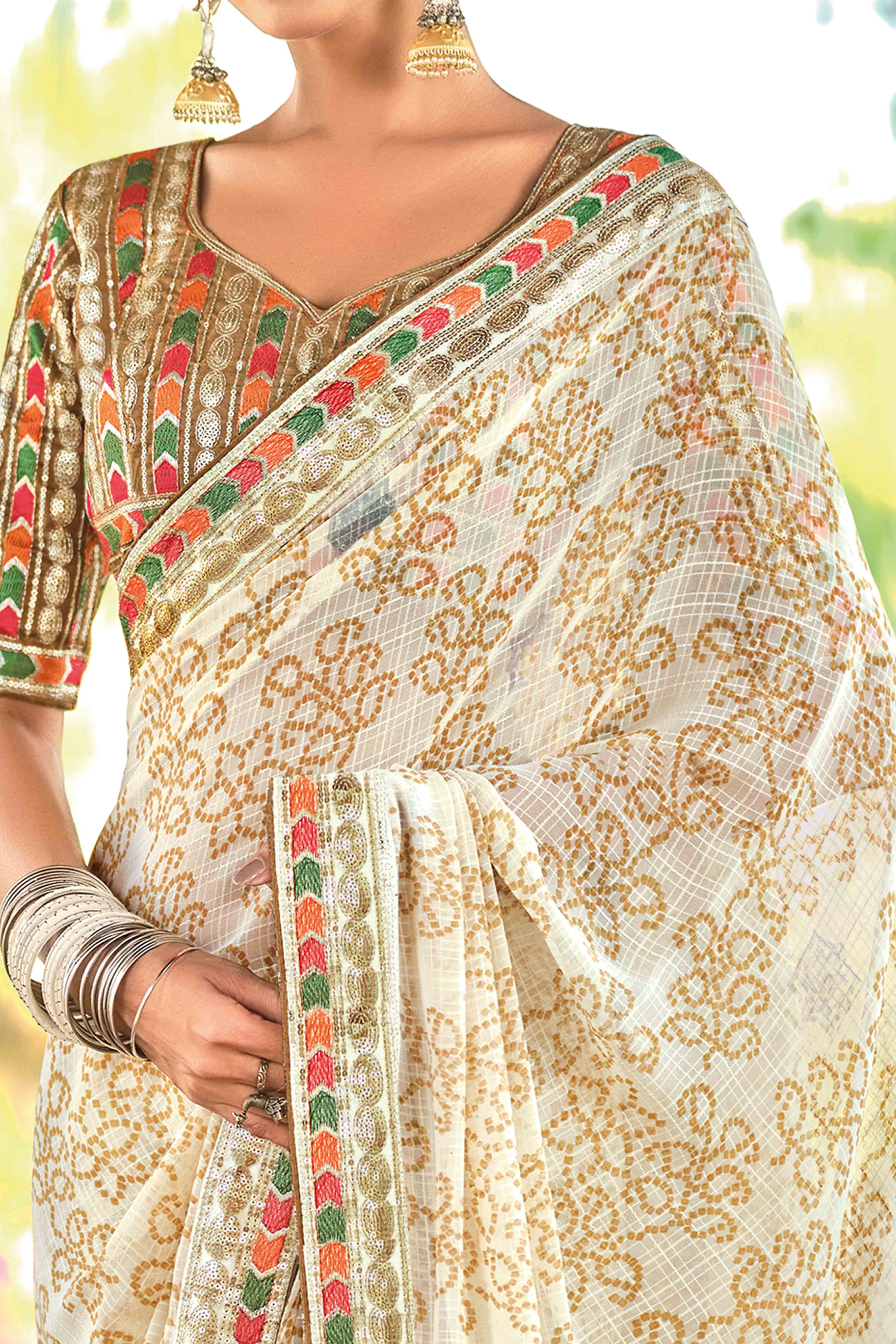 Cream Bandhani Printed Georgette Saree With Glittering Sequin Embroidered Border - Image 2