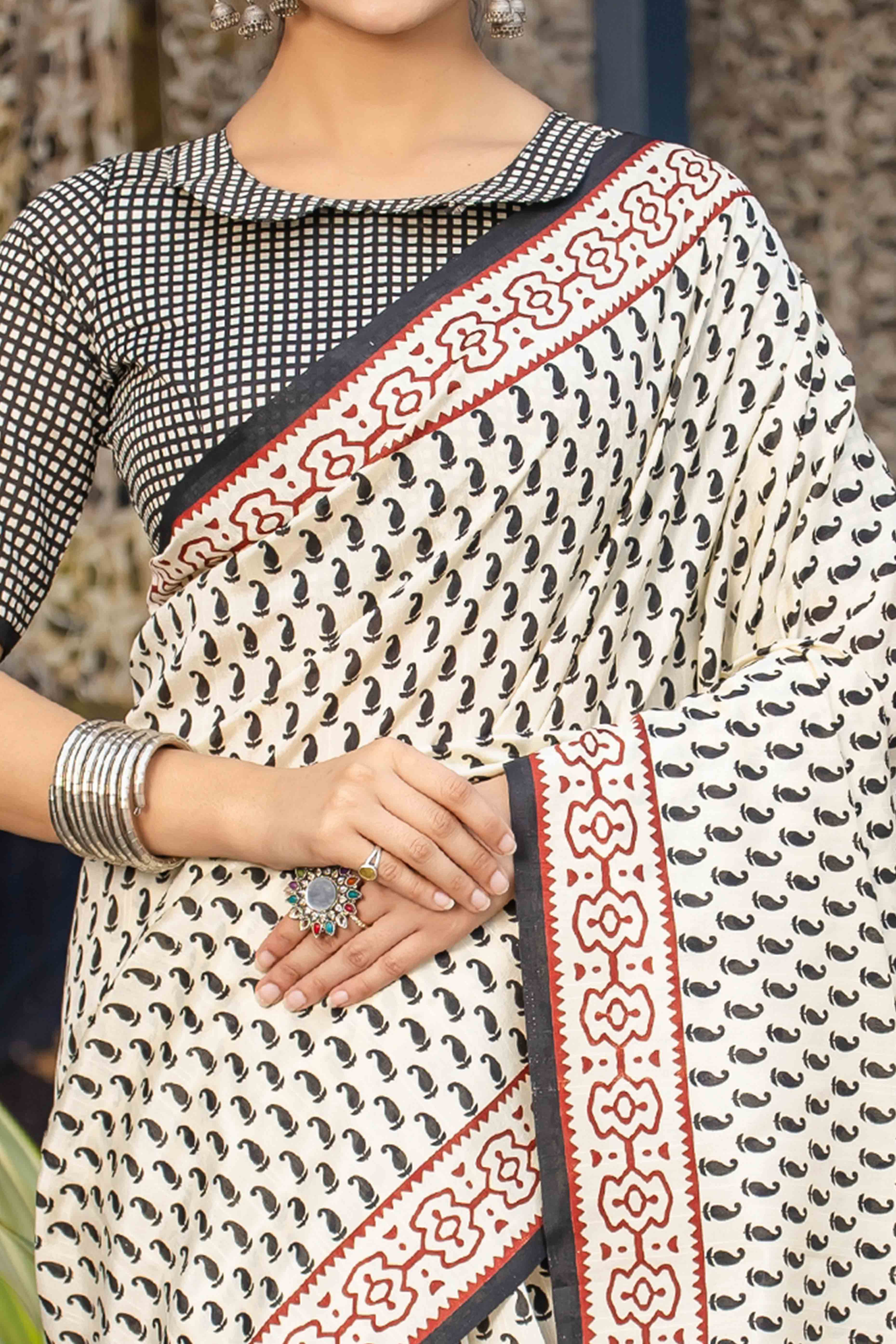 Cream & Black Bhagalpuri Silk Saree with Floral Handblock Prints - Image 2