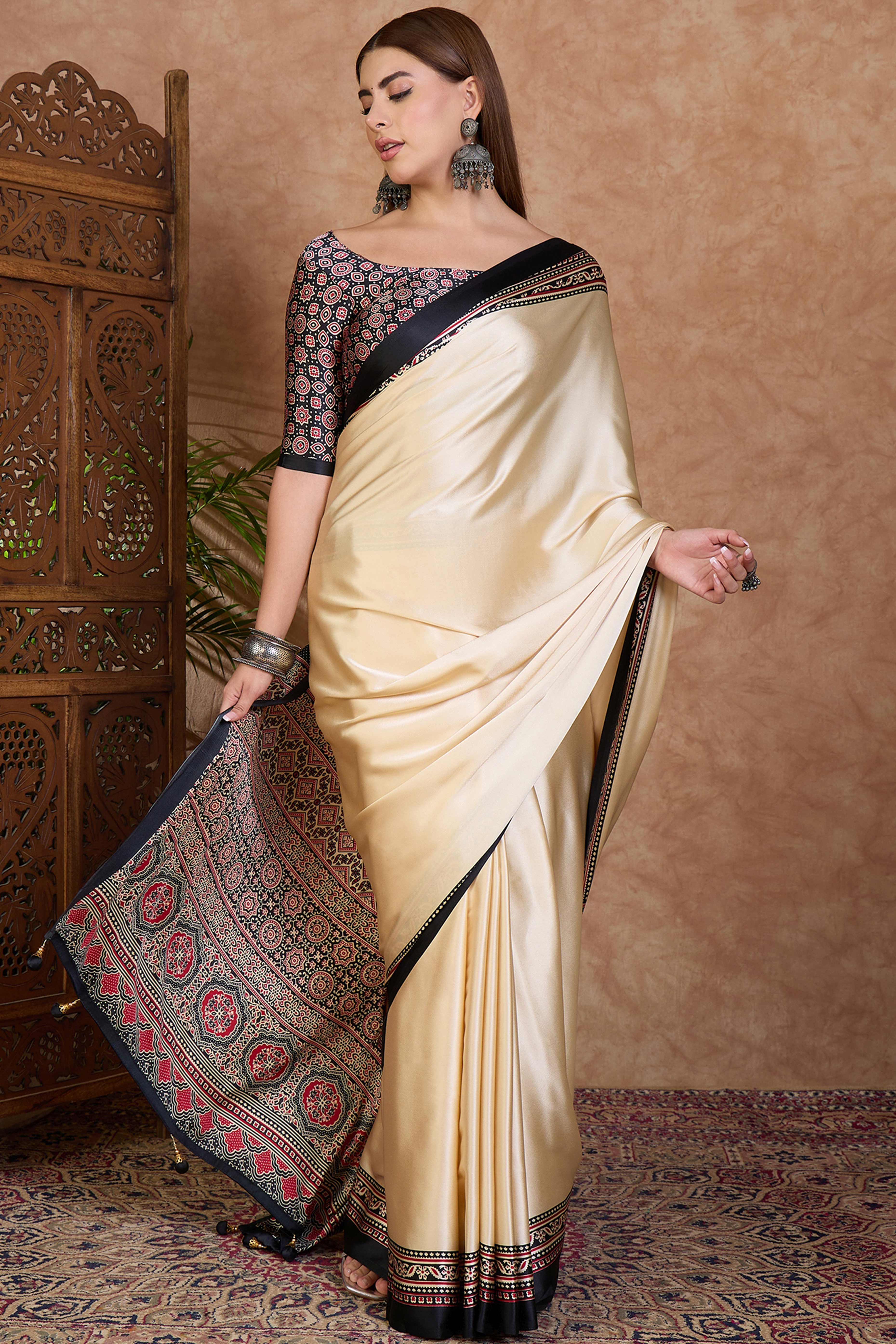 Cream & Black Modal Satin Saree Featuring a Solid Base and Artisanal Ajrakh Pallu - Image 4