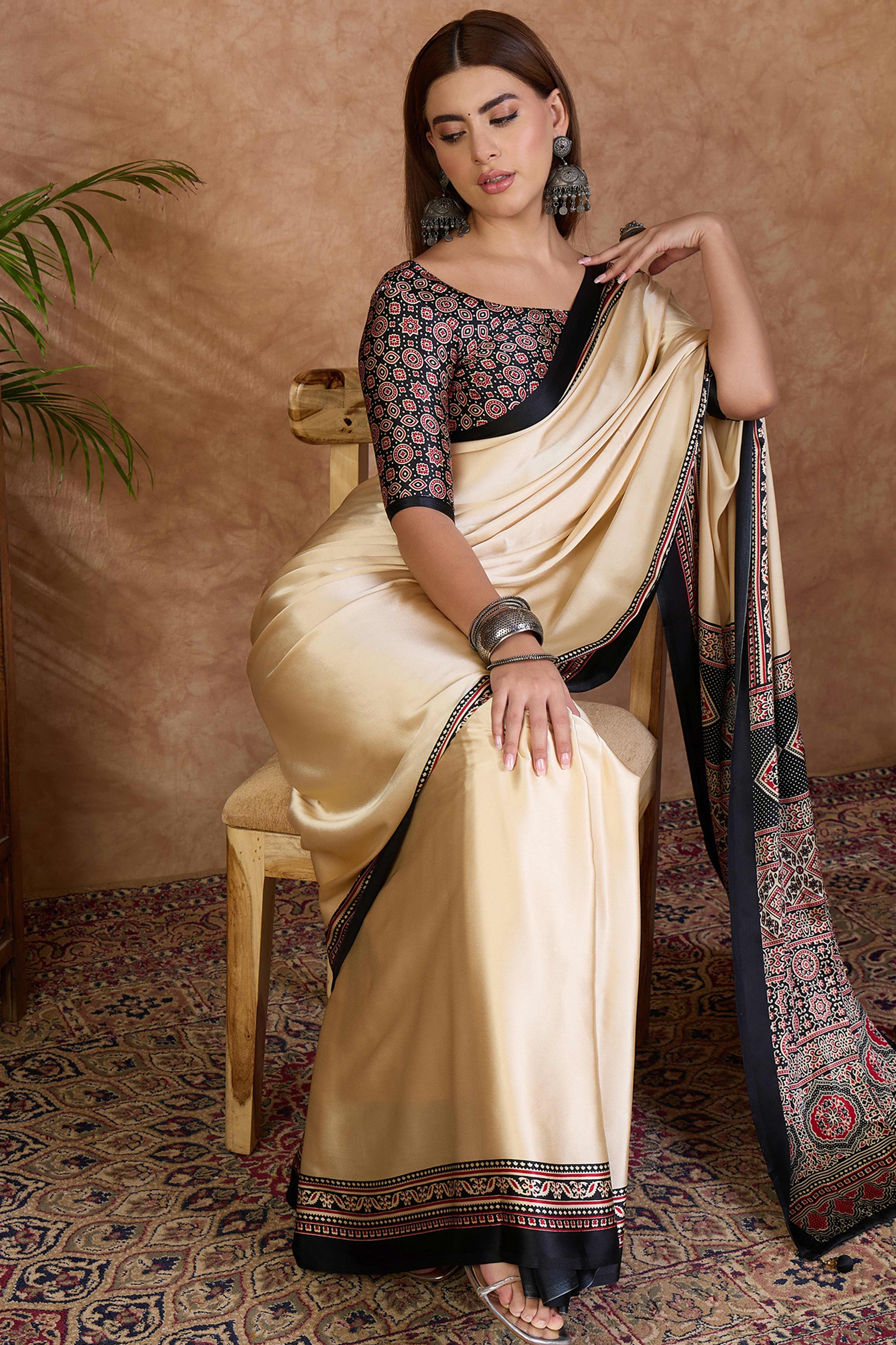 Cream & Black Modal Satin Saree Featuring a Solid Base and Artisanal Ajrakh Pallu - Image 6