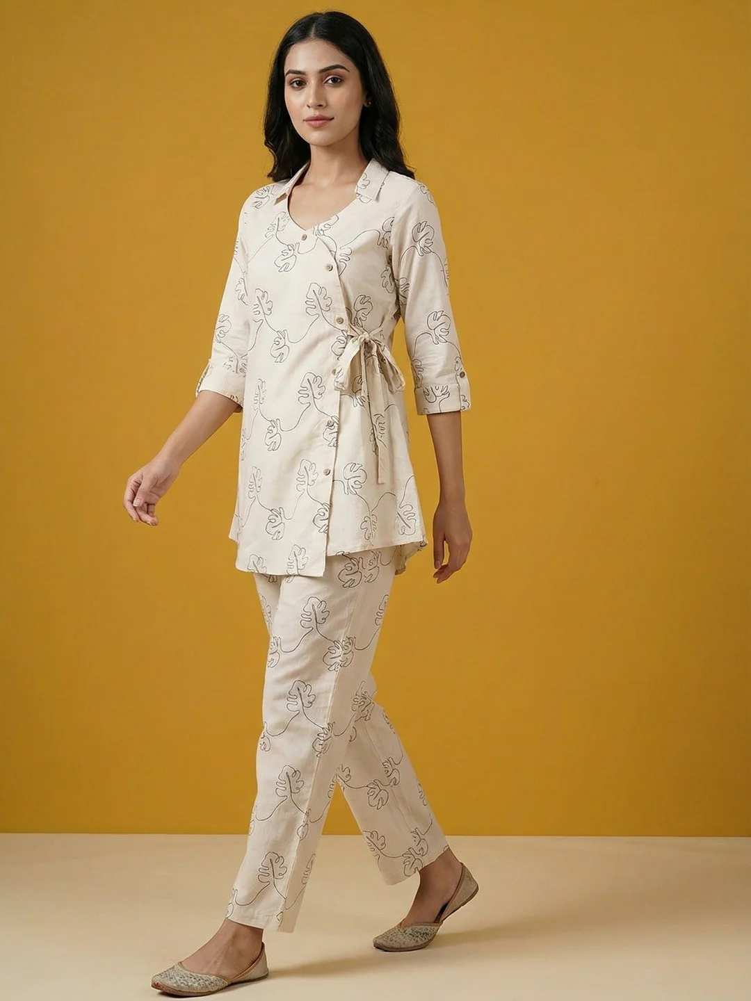 Cream & Black Pure Cotton Top Bottom Set with Leaf Print and Timeless Minimal Styling