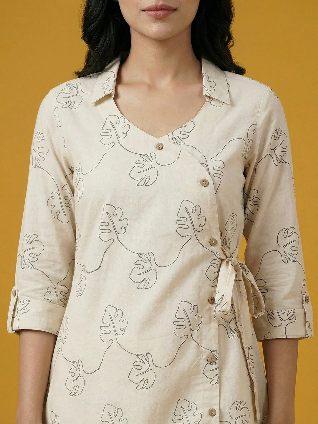 Cream & Black Pure Cotton Top Bottom Set with Leaf Print and Timeless Minimal Styling - Image 2