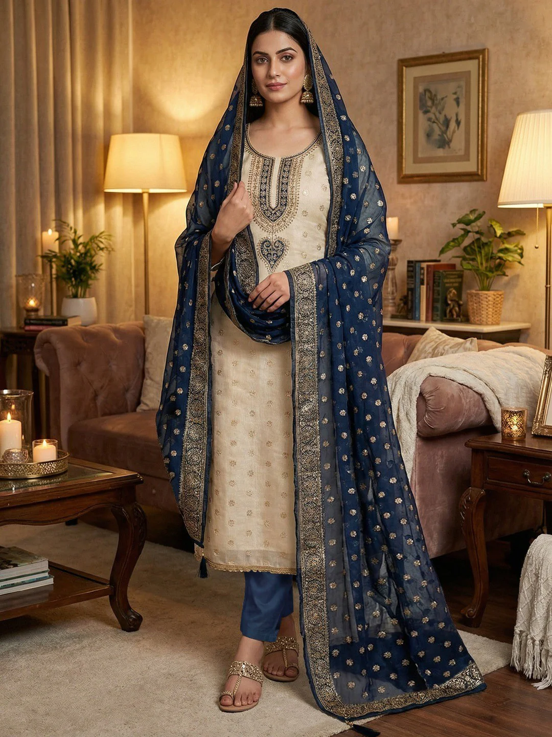 Cream & Blue Butti Weaving Shimmer Dress Material With Elegant Cording Embroidery Work On Neck