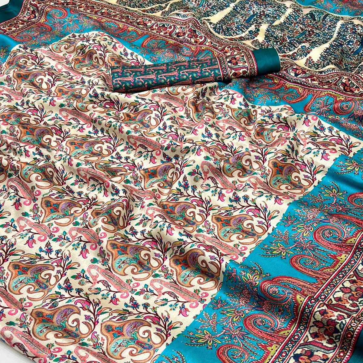 Cream & Blue Floral Digital Printed Pashmina Saree - Image 2