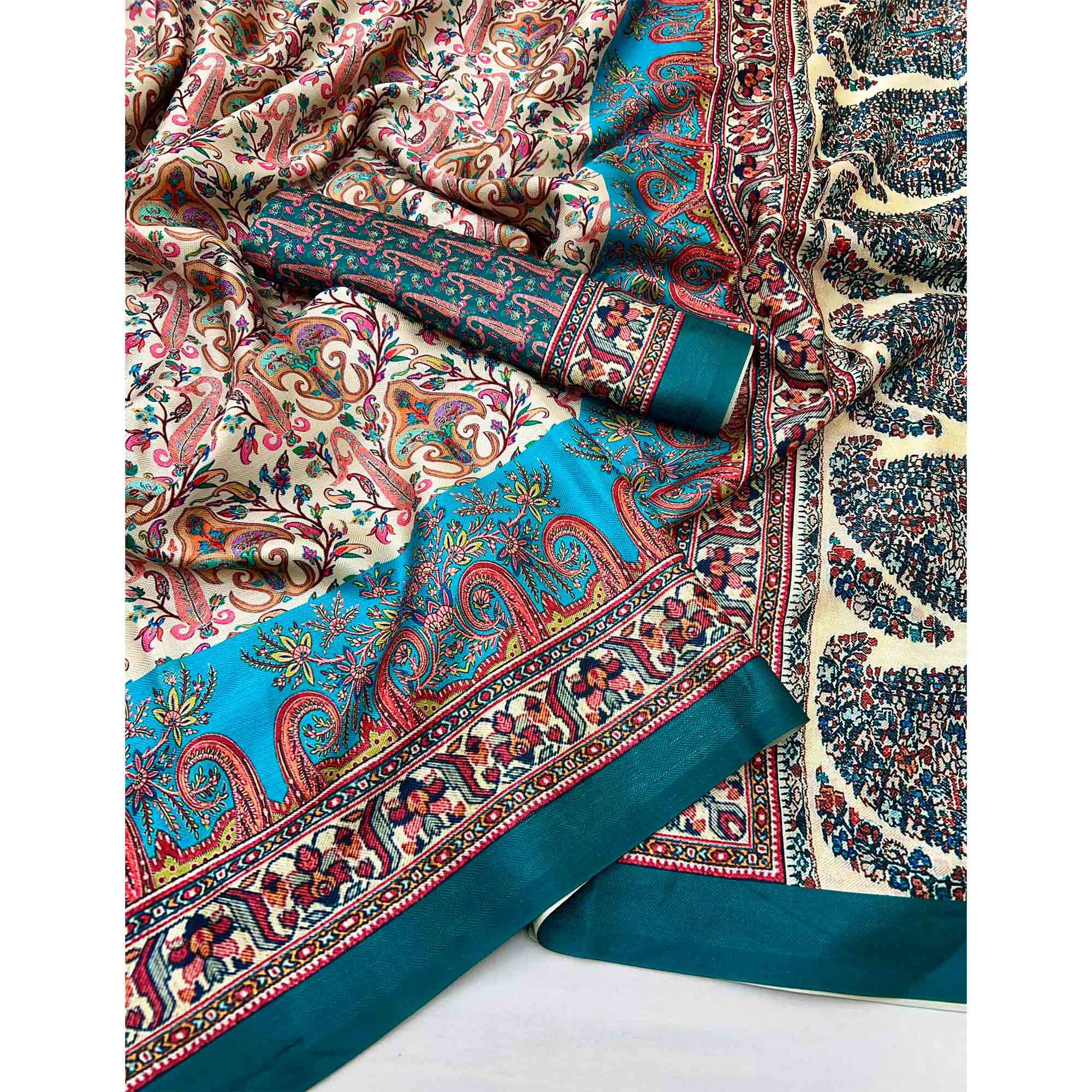 Cream & Blue Floral Digital Printed Pashmina Saree - Image 3