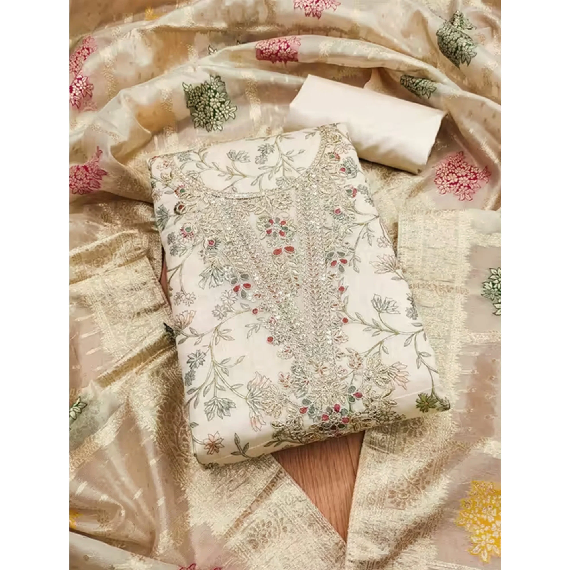Cream & Blue Floral Printed Chanderi Silk Dress Material Adorned with Fine Embroidered Work - Image 3