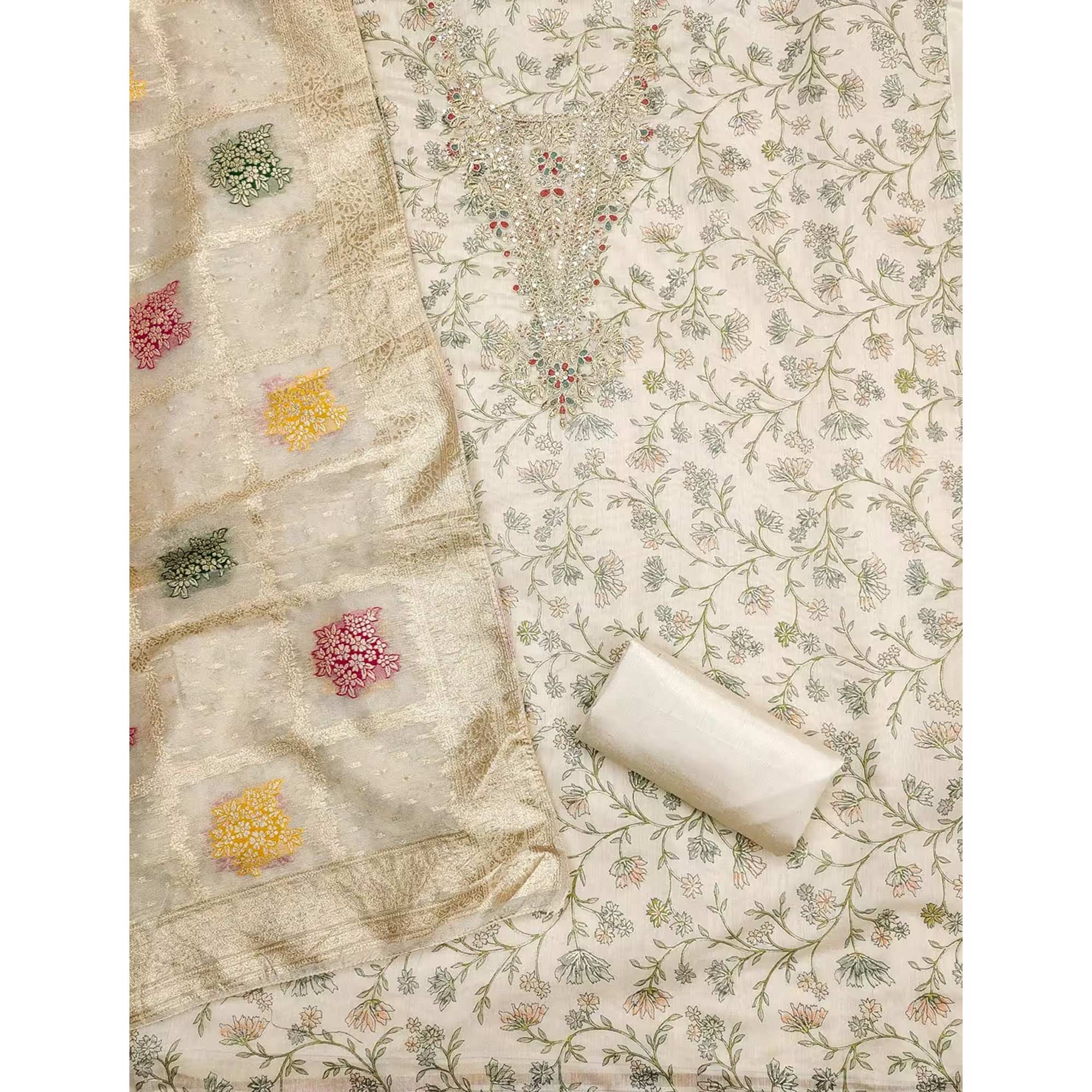 Cream & Blue Floral Printed Chanderi Silk Dress Material Adorned with Fine Embroidered Work - Image 4