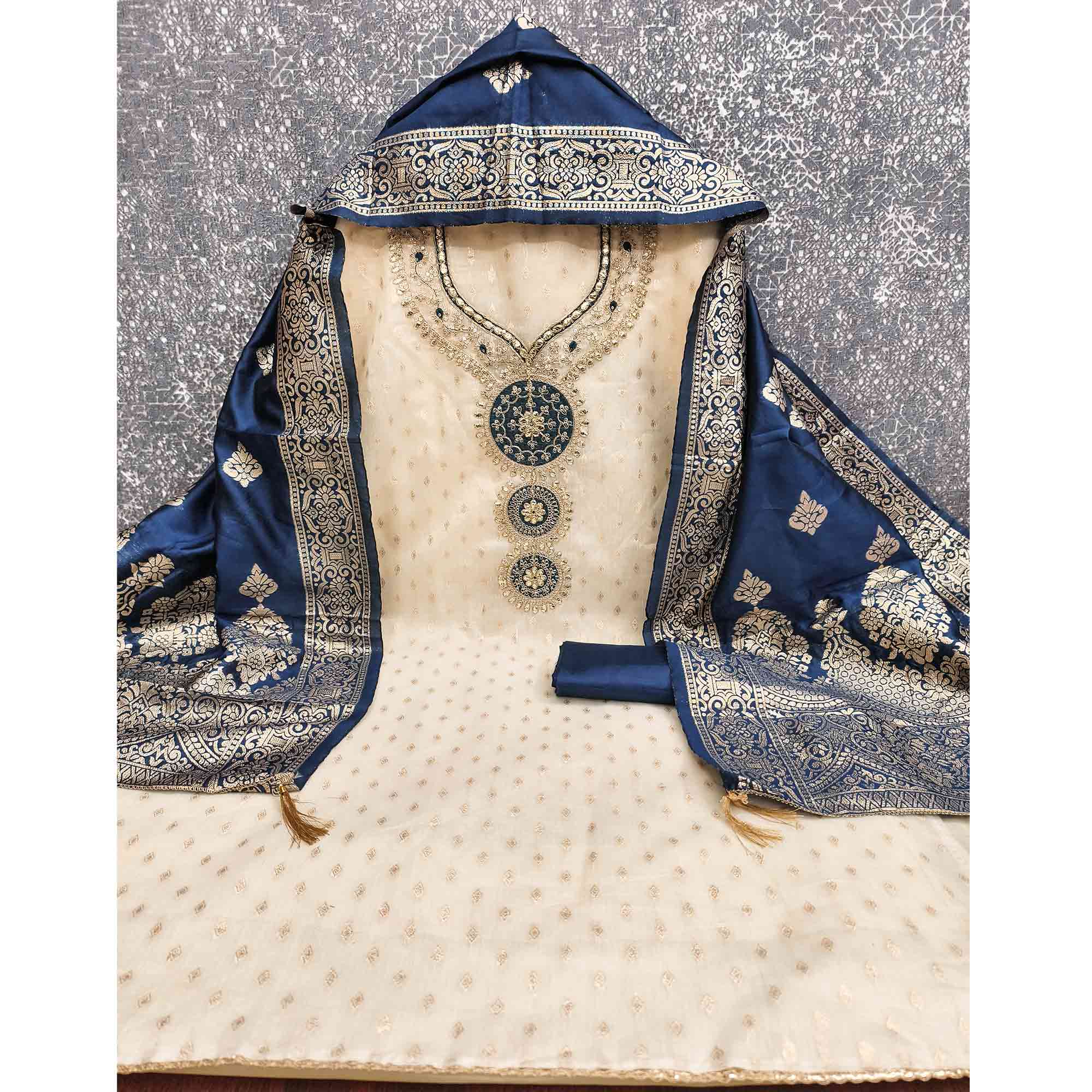 Cream & Blue Shimmer Dress Material Featuring Intricate Zari Weaving With Cording Embroidery - Image 5