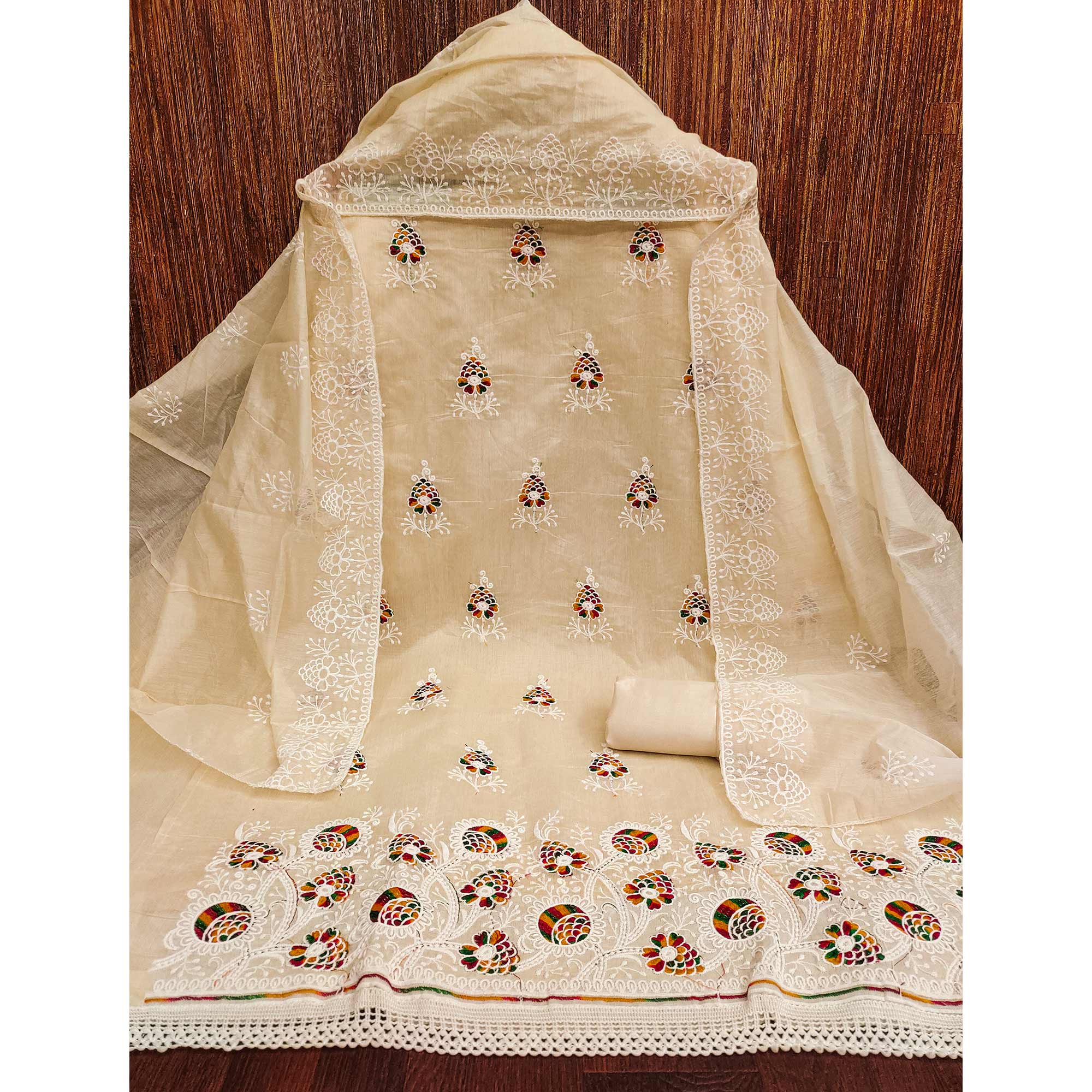 Cream Chanderi Cotton Dress Material with Elegant Floral Thread Embroidery - Image 3